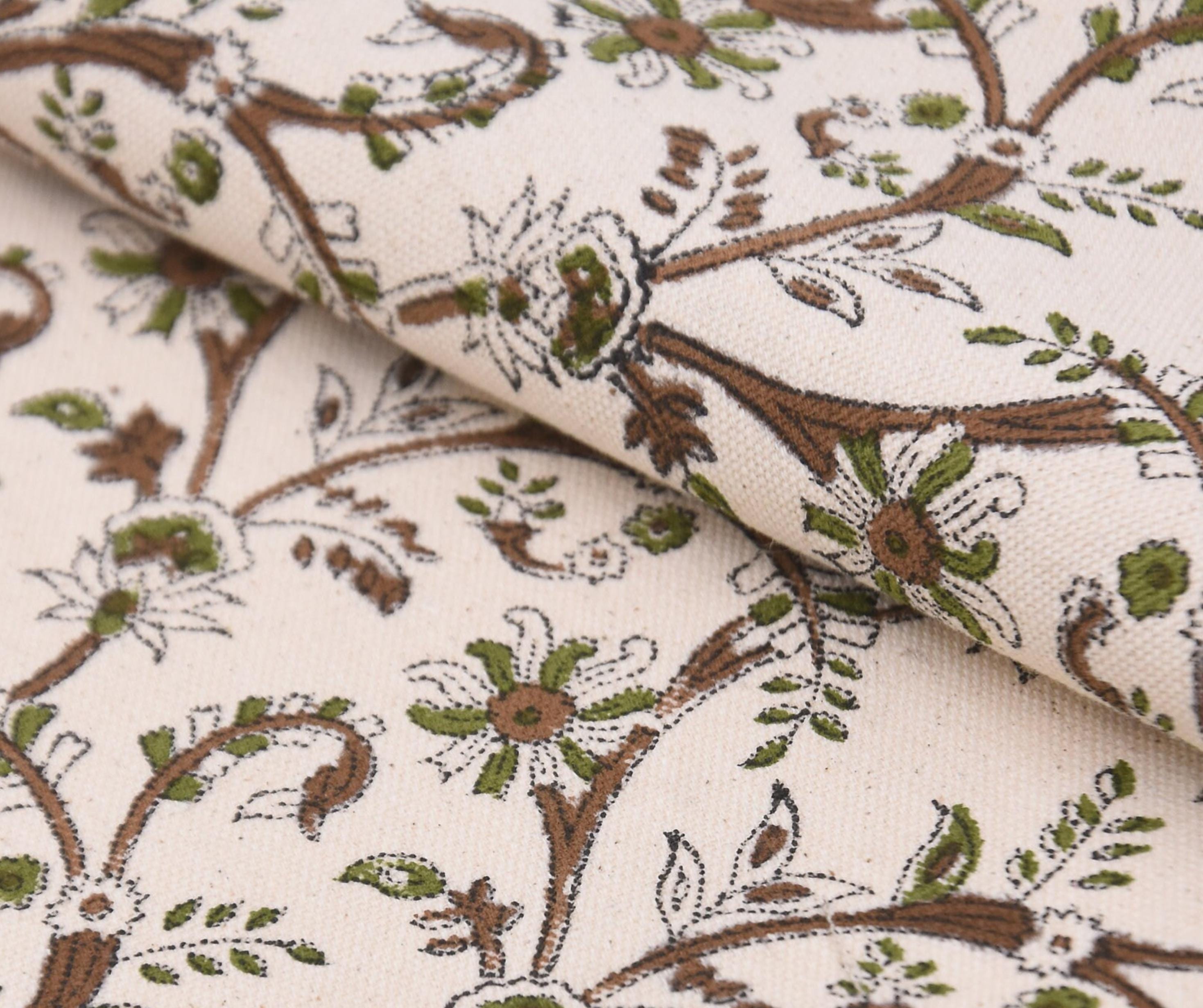 Cotton Block Print Fabric 50 Inch Width Medium Weight Duck Canvas Beige Base Color Curtains and Drapes Pillow Covers Tablecloths and Runners Bedding Tote Napkins by Fabritual