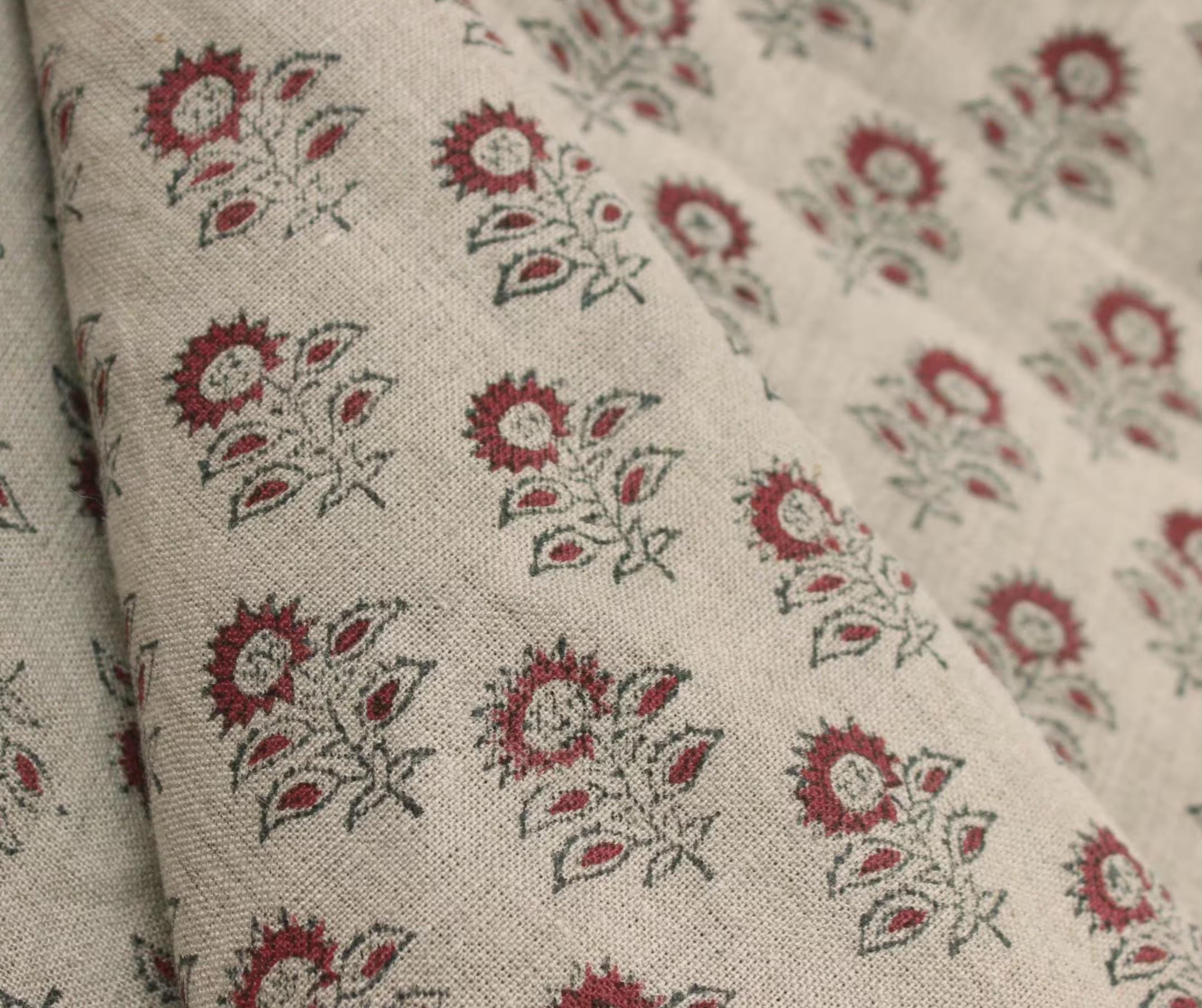 Linen Block Print Fabric 58&quot; Width Heavy Linen Natural Base Color Curtains and Drapes Upholstery Pillow Covers Tablecloths and Runners Bedding Tote Bag by Fabritual
