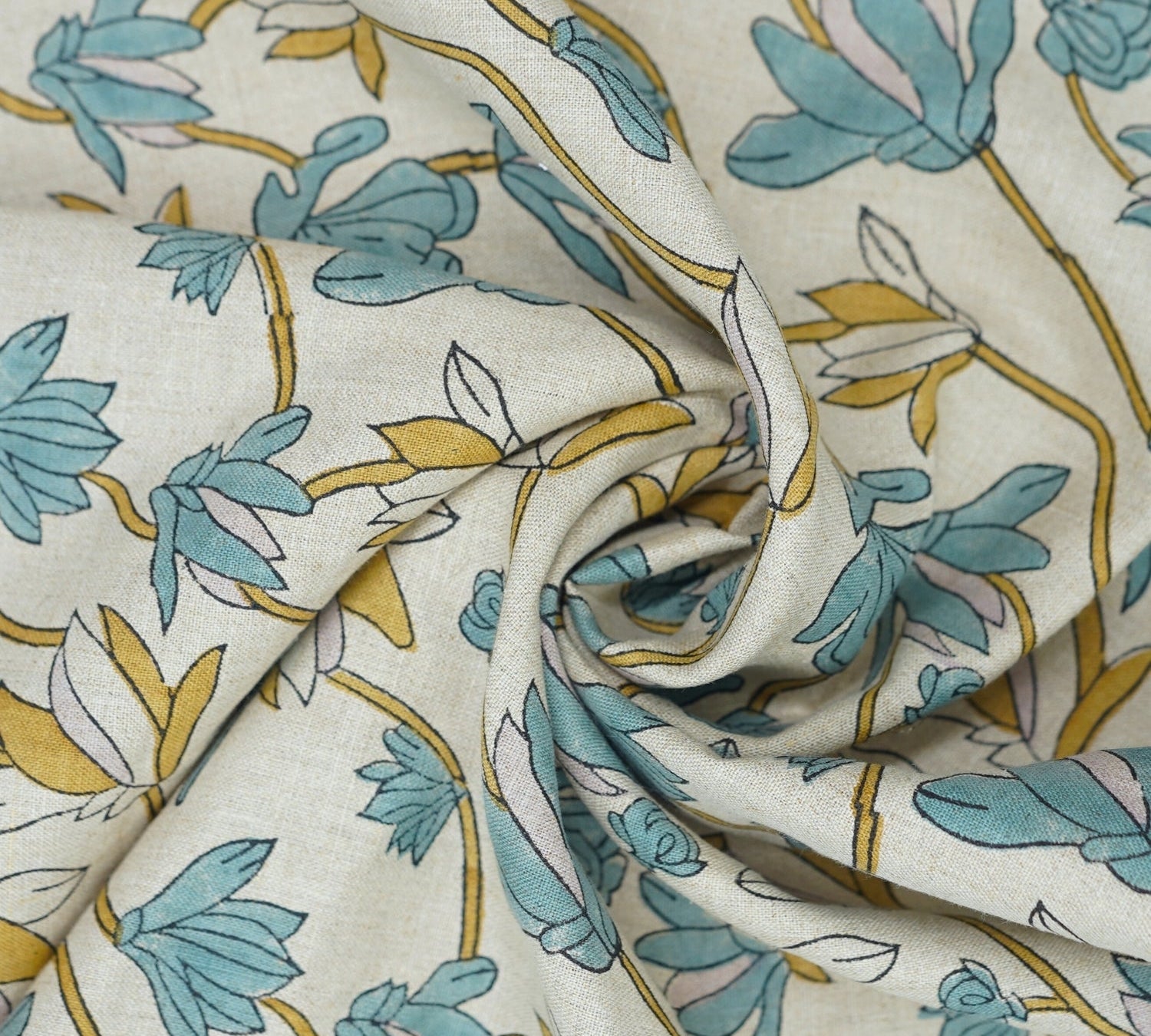 Handcrafted Traditional Blue Floral Pure Linen Boho Fabric Natural Block Printed Home Decor - Shivri 