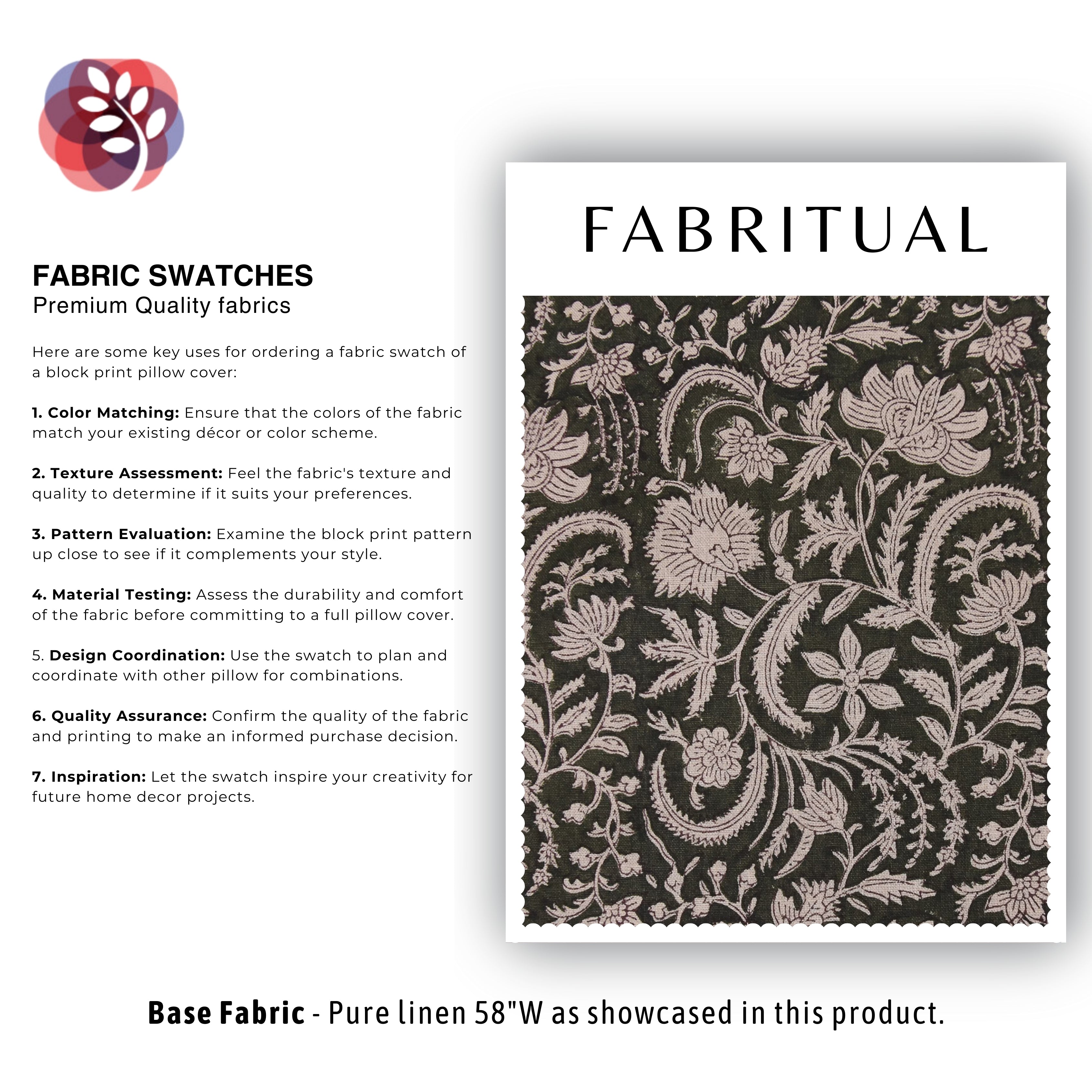 Pure linen 58" wide, linen window curtains, upholstery fabric for pillows, cushions, hand block print, handmade floral art - KUNDANVAN