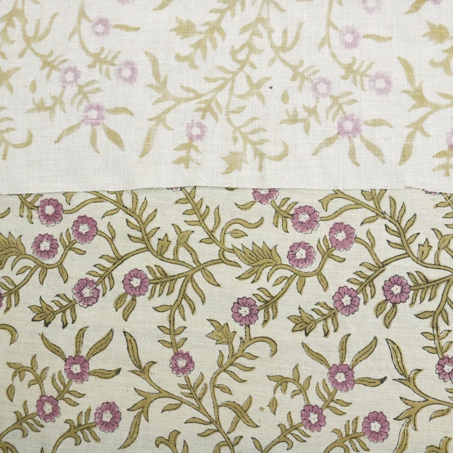 May include: Floral linen blend fabric in natural color. The 58&#39; wide fabric features a repeating pattern of mauve flowers and olive green leaves on a cream background.  Print name: Sehjan. Fabric: Linen blend natural 58&#39; wide.