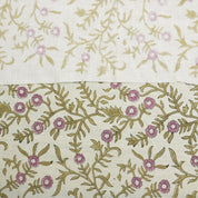 May include: Floral linen blend fabric in natural color. The 58&#39; wide fabric features a repeating pattern of mauve flowers and olive green leaves on a cream background.  Print name: Sehjan. Fabric: Linen blend natural 58&#39; wide.