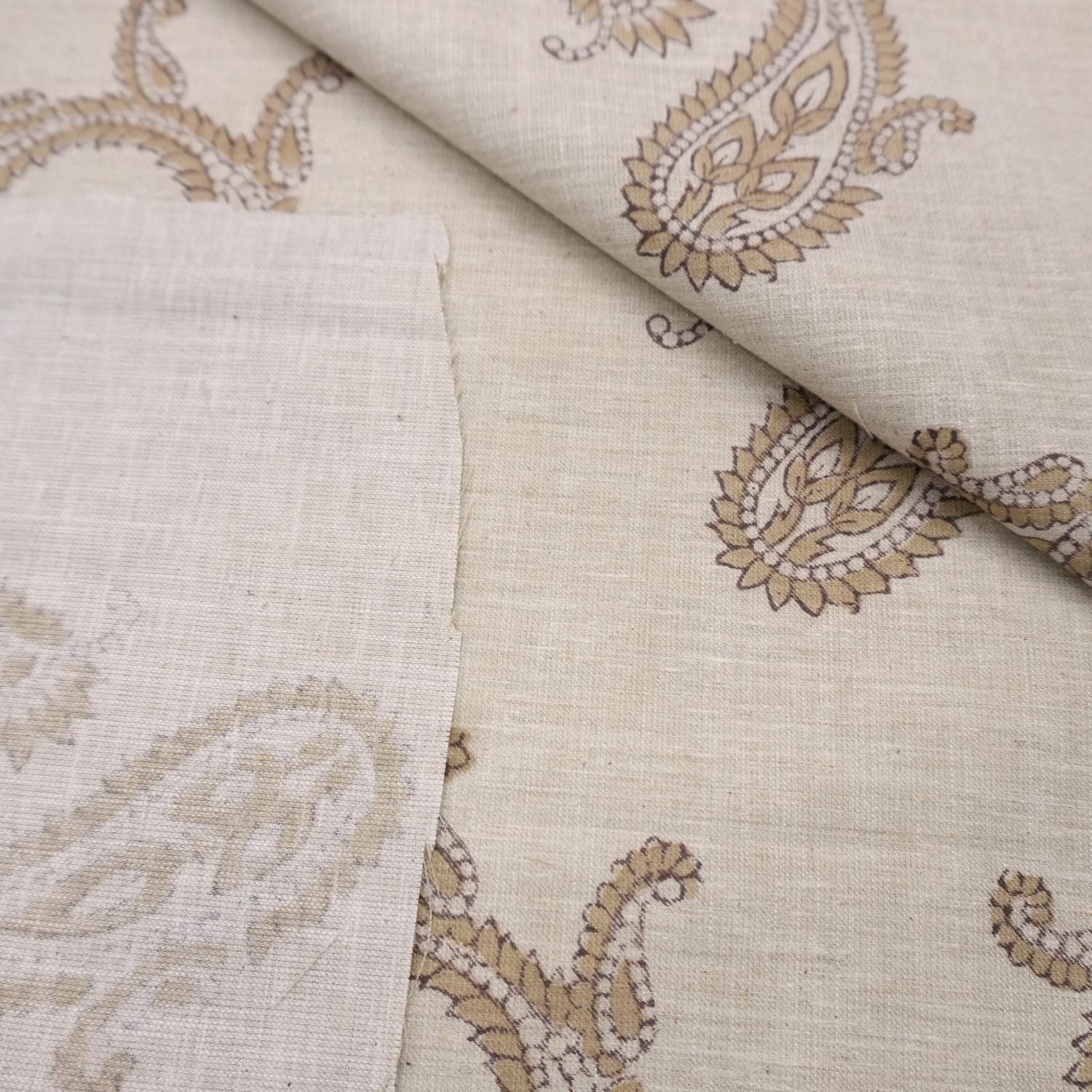 Fabritual Lightweight Linen Block Print Fabric 58" Wide for Handmade Decor, Block Print Linen Blend Fabric 58 Inch Width for Custom Drapes and Pillow Covers.