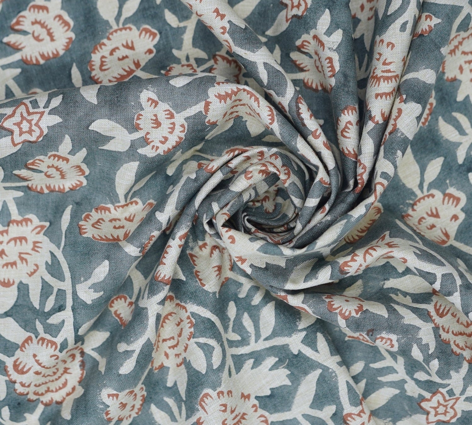 Gray Home Fabric Boho Floral Block Print Lightweight Feel on Linen Blend - Mrignayani 