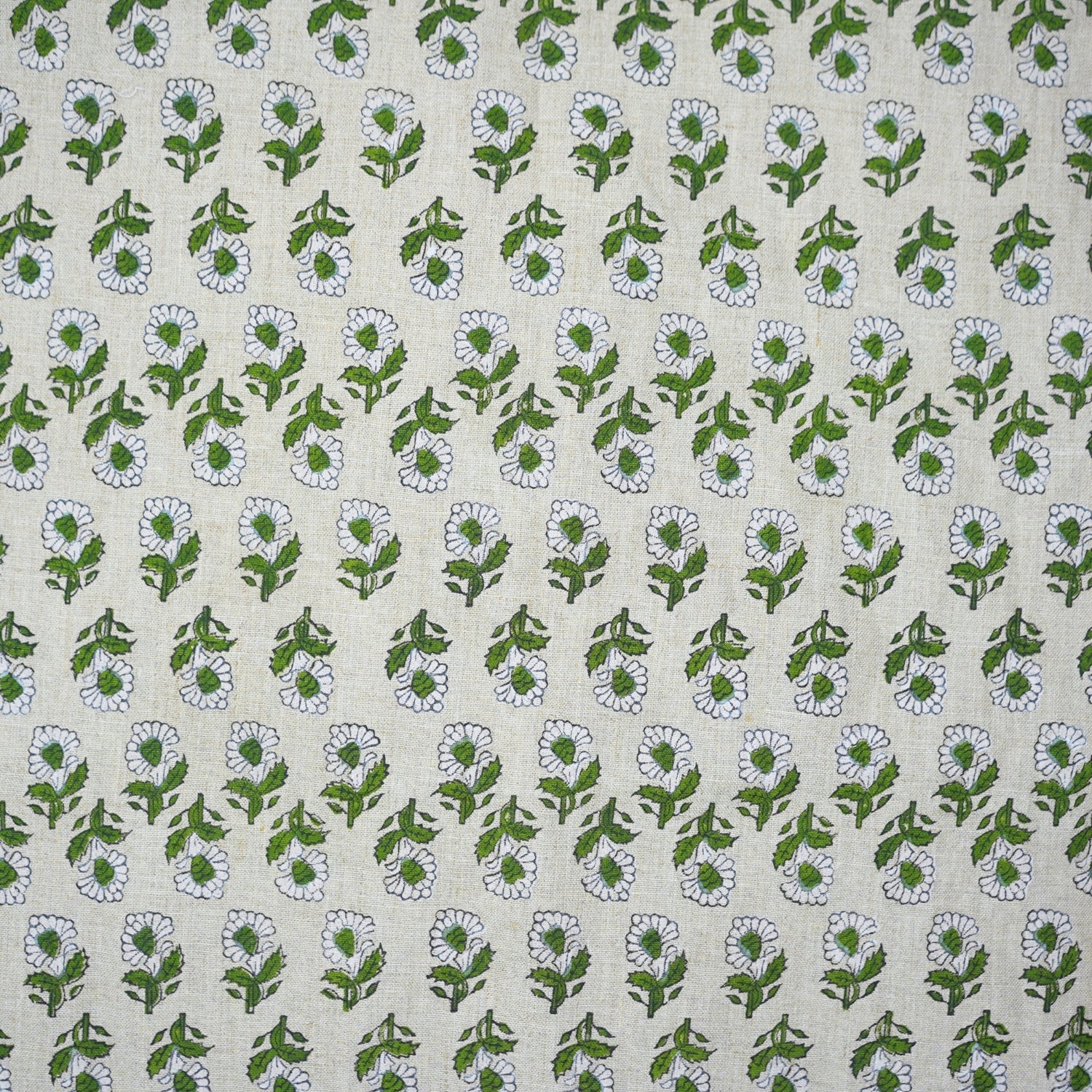Handblock Printed Artisanal Green Floral Pue Linen Fabric for Home Decor - Ashok
