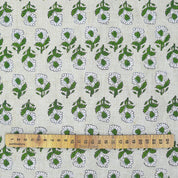 Handblock Printed Artisanal Green Floral Pue Linen Fabric for Home Decor - Ashok