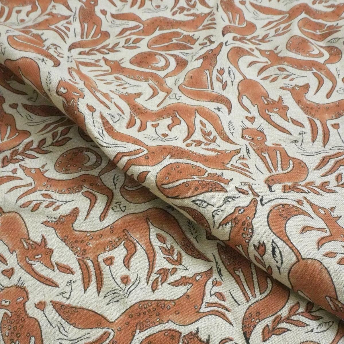 Handcrafted Indian Block Printed Premium Pure Linen Brown and Pastel Gray Animal 58" Wide Fabric – Gehravan