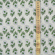 Handblock Printed Artisanal Green Floral Pue Linen Fabric for Home Decor - Ashok
