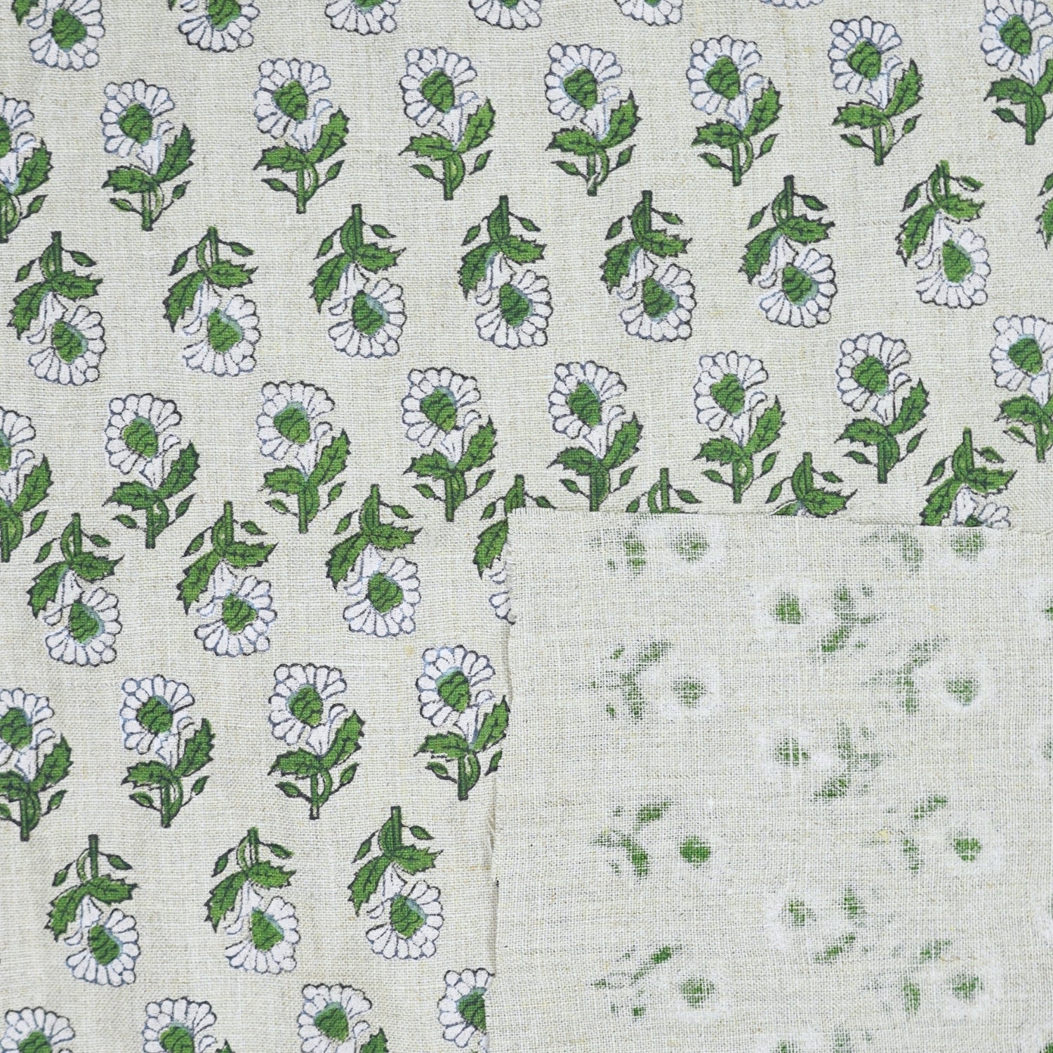 Handblock Printed Artisanal Green Floral Pue Linen Fabric for Home Decor - Ashok