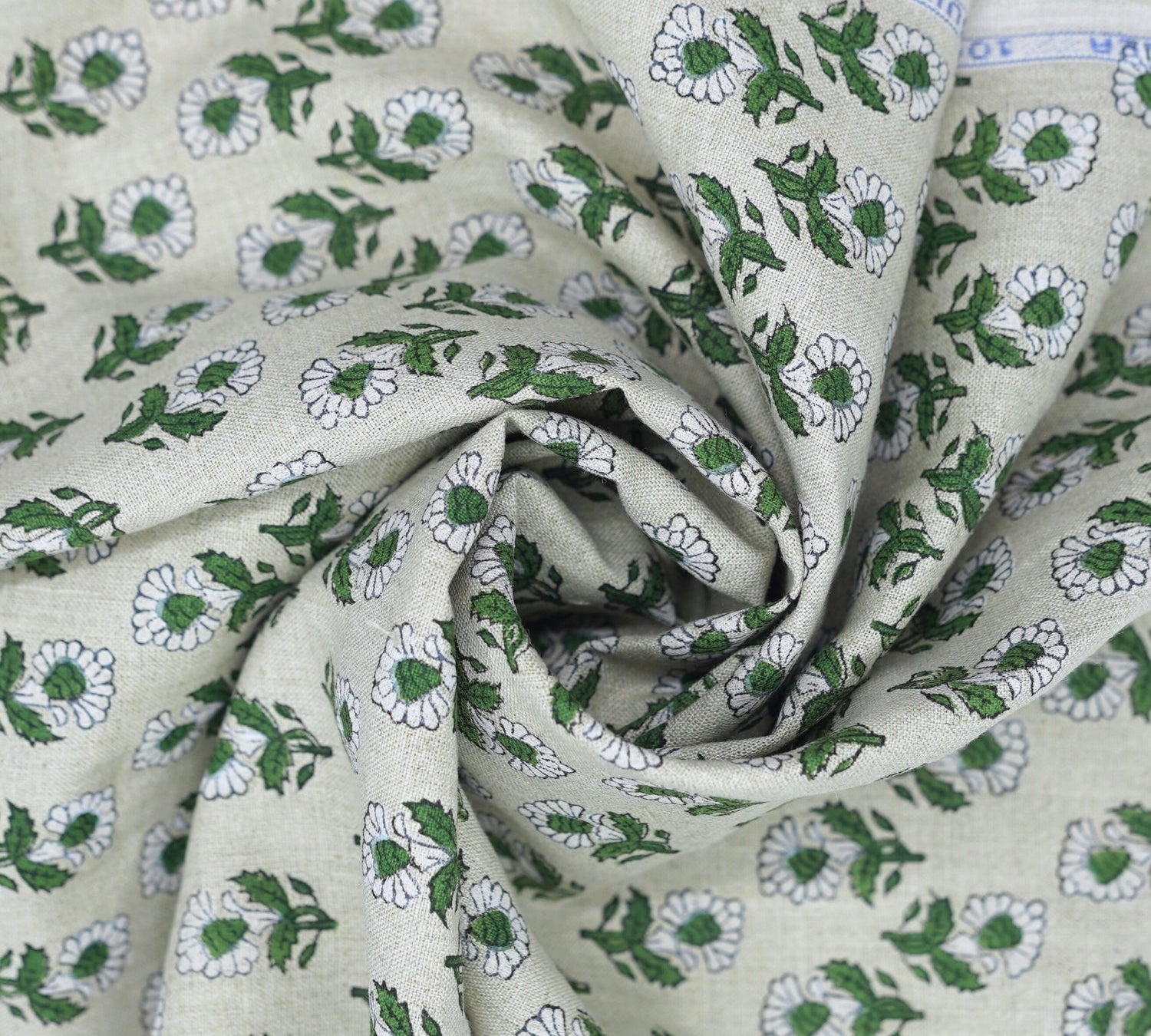 Handblock Printed Artisanal Green Floral Pue Linen Fabric for Home Decor - Ashok