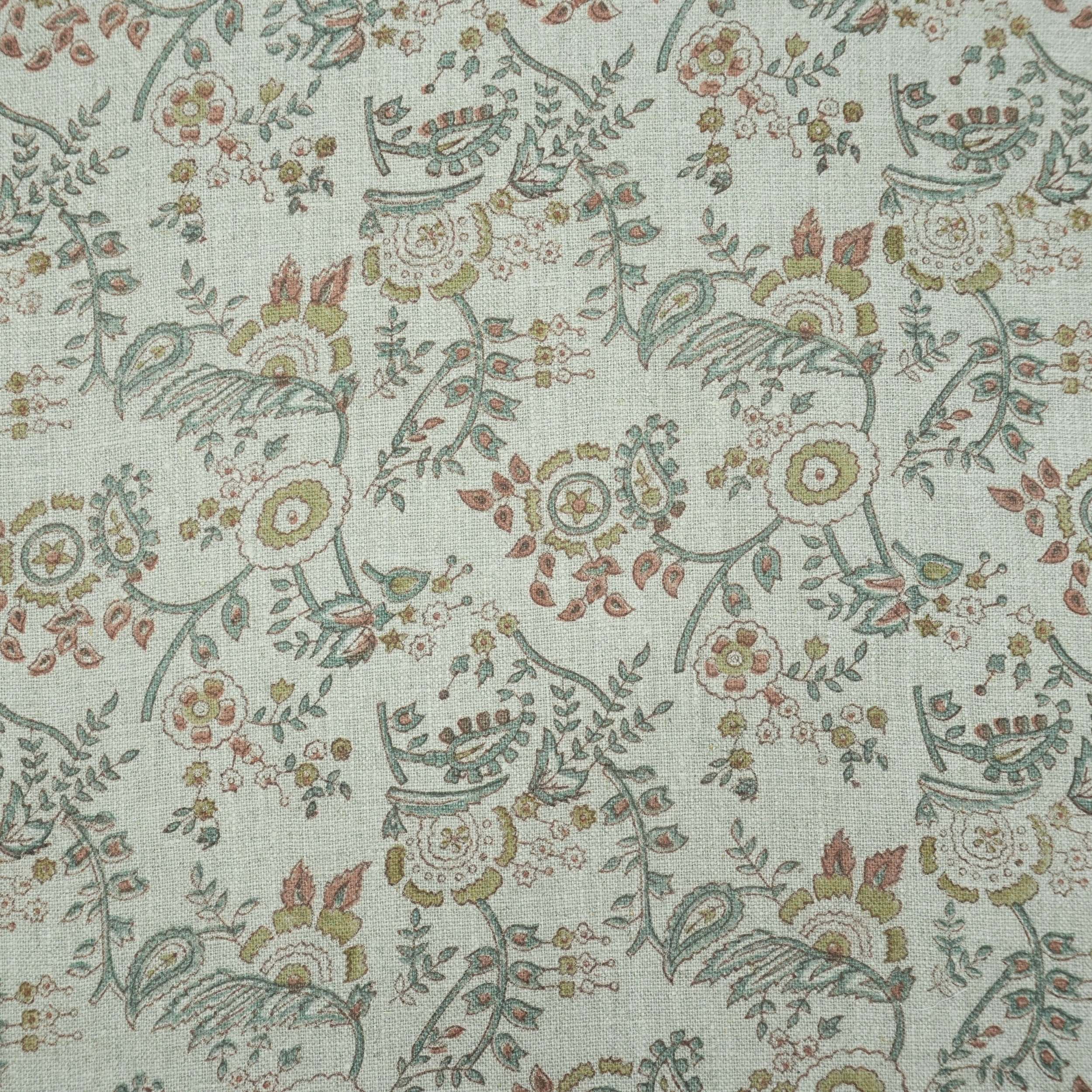 Blue Brown Floral Hand Block Print Linen Arpan Fabric
