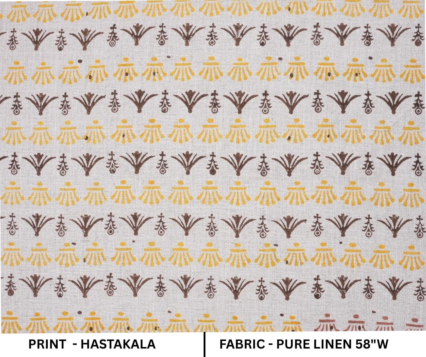 Indian Hand Block Mustard and Brown Floral Fabric on Pure Linen for Tabel Cover - Hastatkala