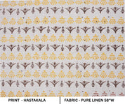 Indian Hand Block Mustard and Brown Floral Fabric on Pure Linen for Tabel Cover - Hastatkala
