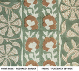 Indian Block Printed Floral Pure Linen Natural Fabric in Brown and Green for Curtains Boho Decor – Rudraksh Border