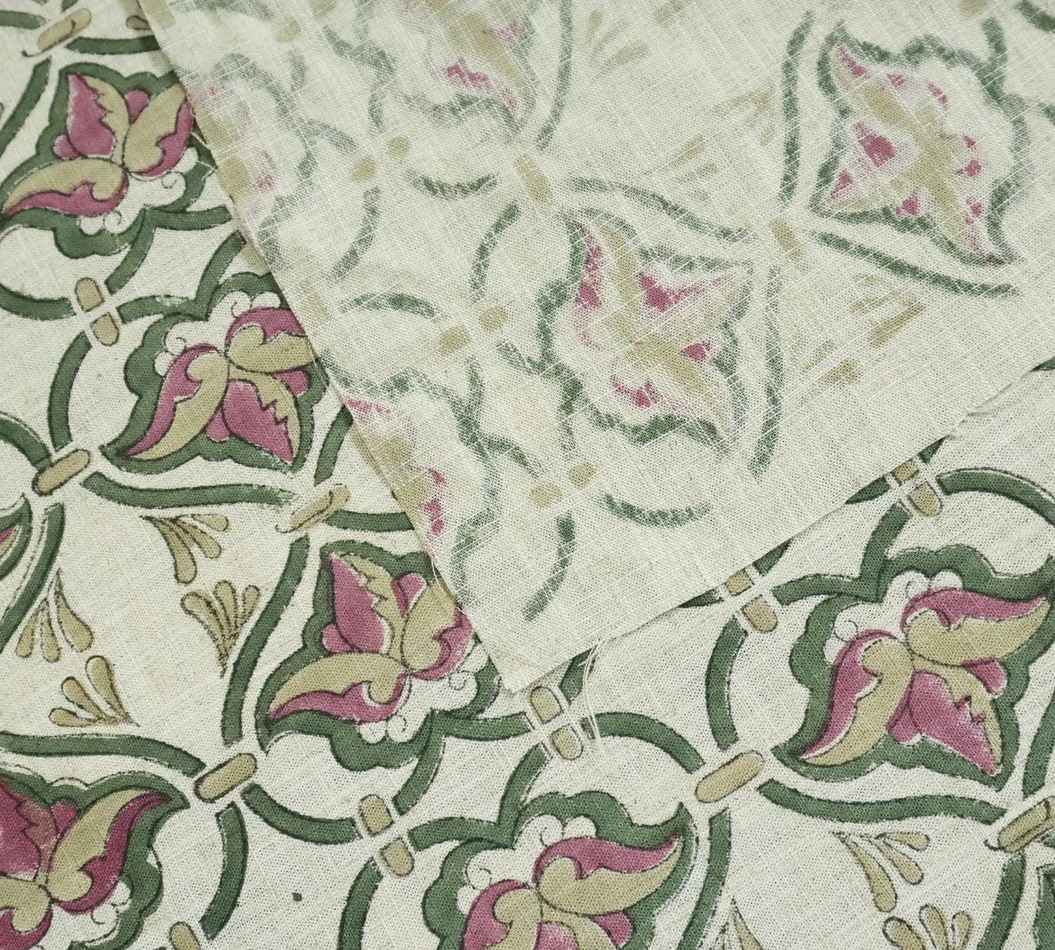 Block Print Fabric 58 Inch Width Light Weight Viscose Linen Natural Base Color and Mini Yellow Floral Print Curtains and Drapes Pillow Covers Tablecloths and Runners Bedding Tote Bag Lampshades Napkins by Fabritual