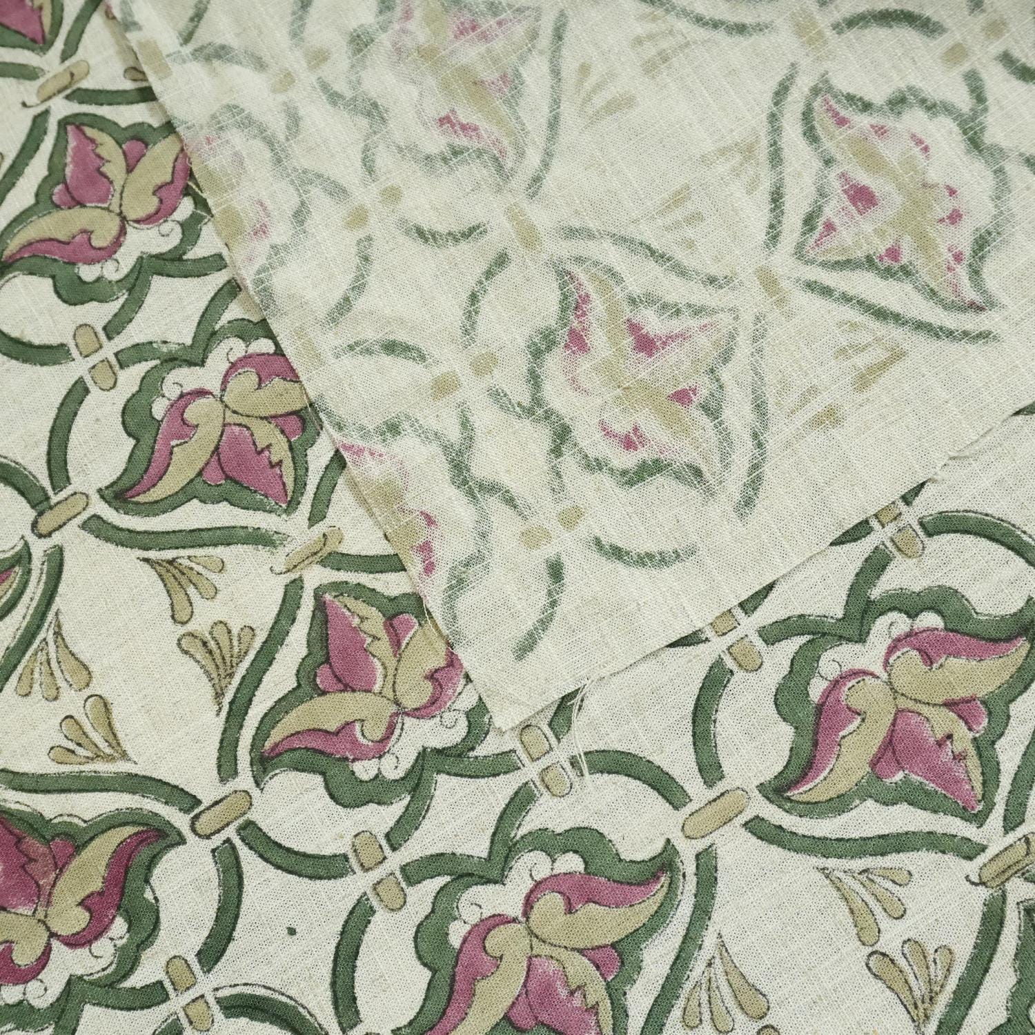 Block Print Fabric 58 Inch Width Light Weight Viscose Linen Natural Base Color and Mini Yellow Floral Print Curtains and Drapes Pillow Covers Tablecloths and Runners Bedding Tote Bag Lampshades Napkins by Fabritual
