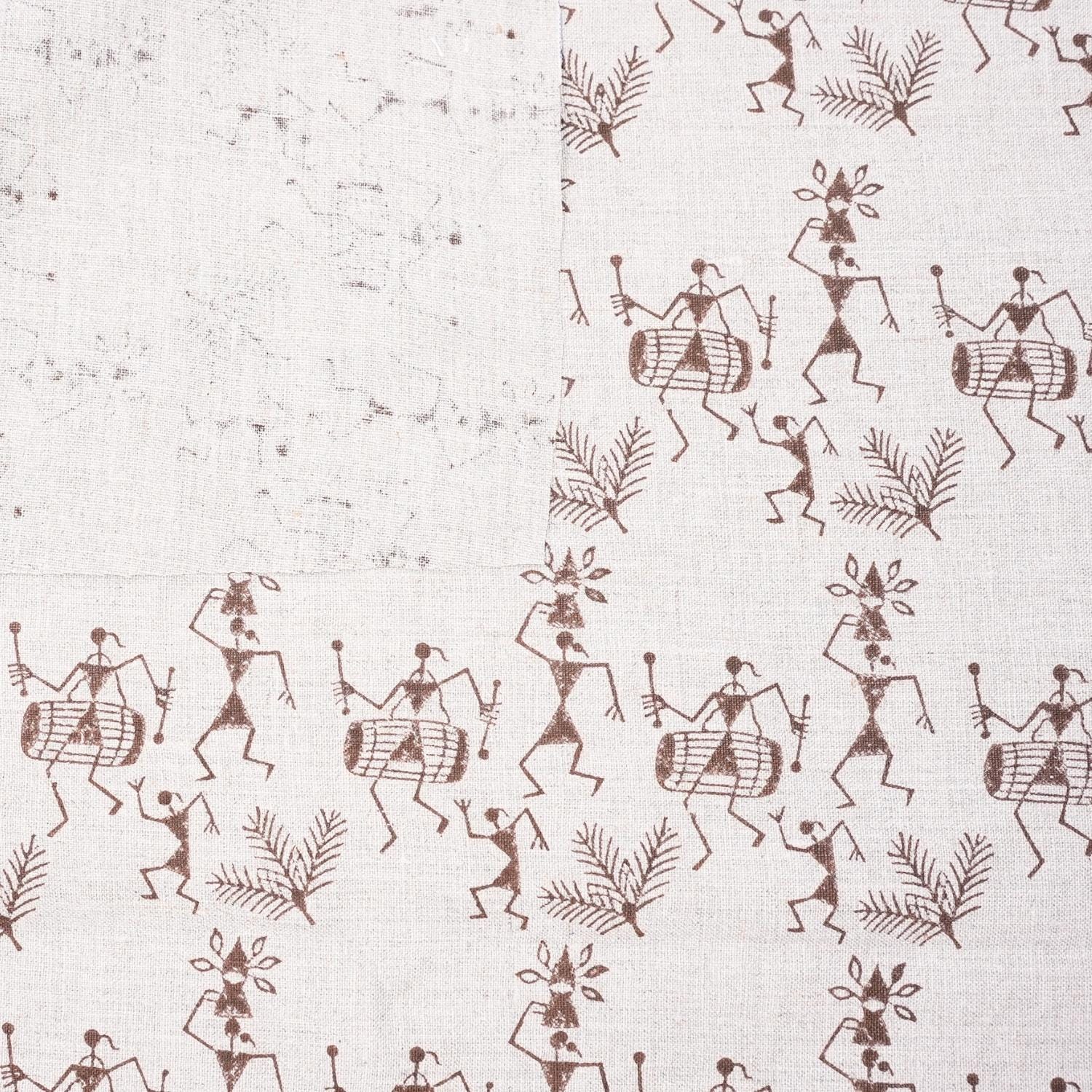 Handcrafted Dhun Print in Beige and Brown on Pure Linen Sofa Cushion Cover Fabric