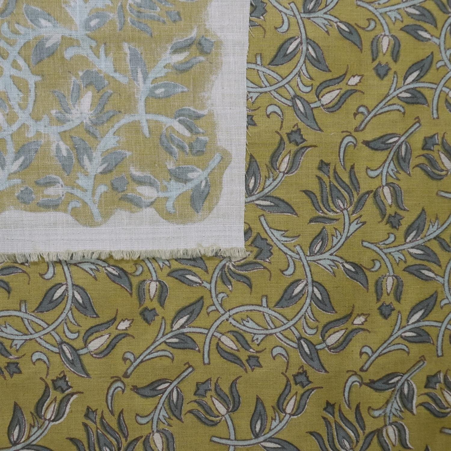 LINEN FLORAL BLOCK PRINT HANDMADE LINEN FABRIC FOR COUCH AND SOFA CUSHIONS - KAMAL DUTTA