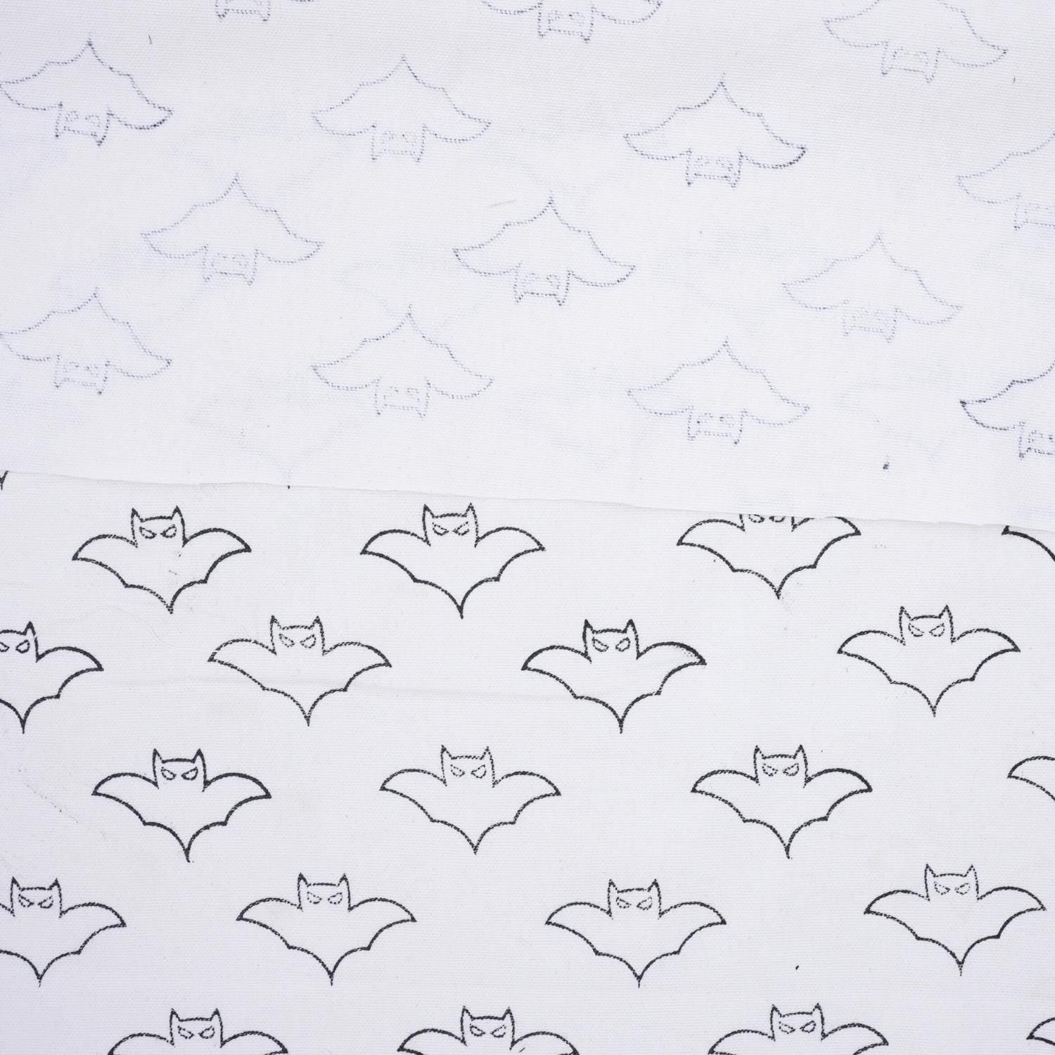 Block Print Thick Cotton White Decorative Halloween Party Cushion Cover Fabric with Bat Design