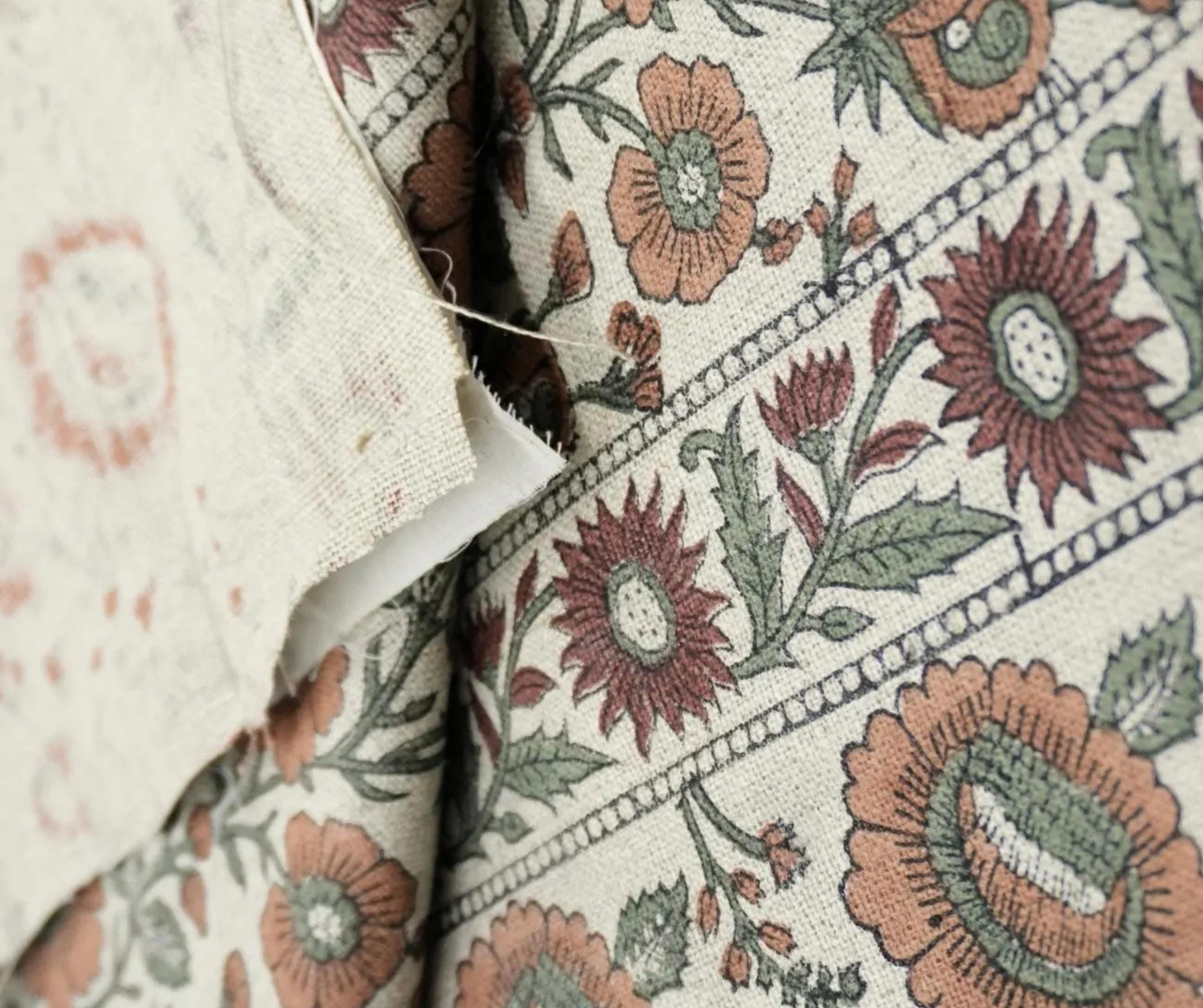 Linen Block Print Fabric 58 Inch Width Heavy Weight Linen Natural Base Color Curtains and Drapes Upholstery Handmade Art Pillow Covers Tablecloths and Runners Lampshades Napkins by Fabritual