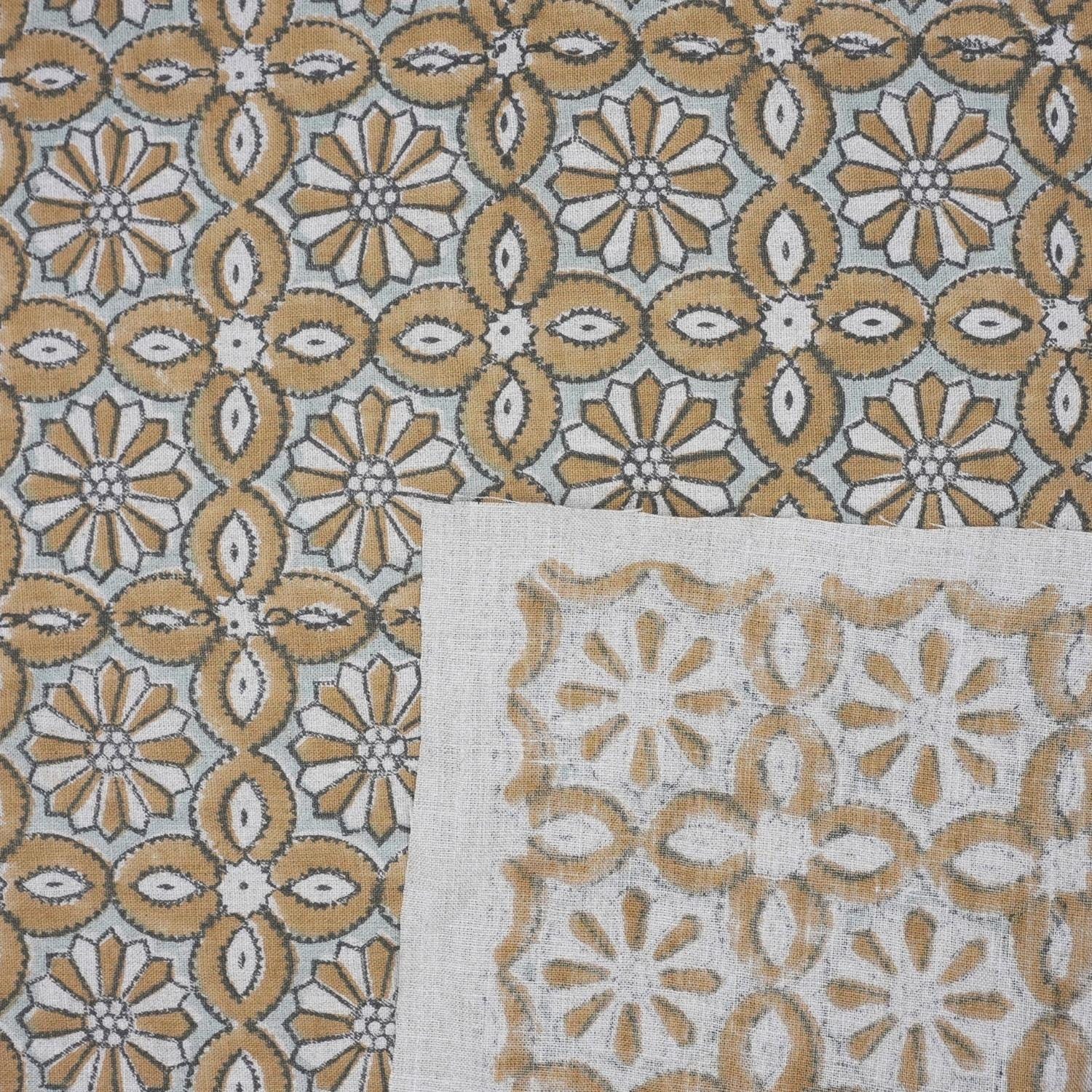 Indian Handblock Printed Sage Green and White Floral Throw Pure Linen Curtains Fabric with Varnika Design