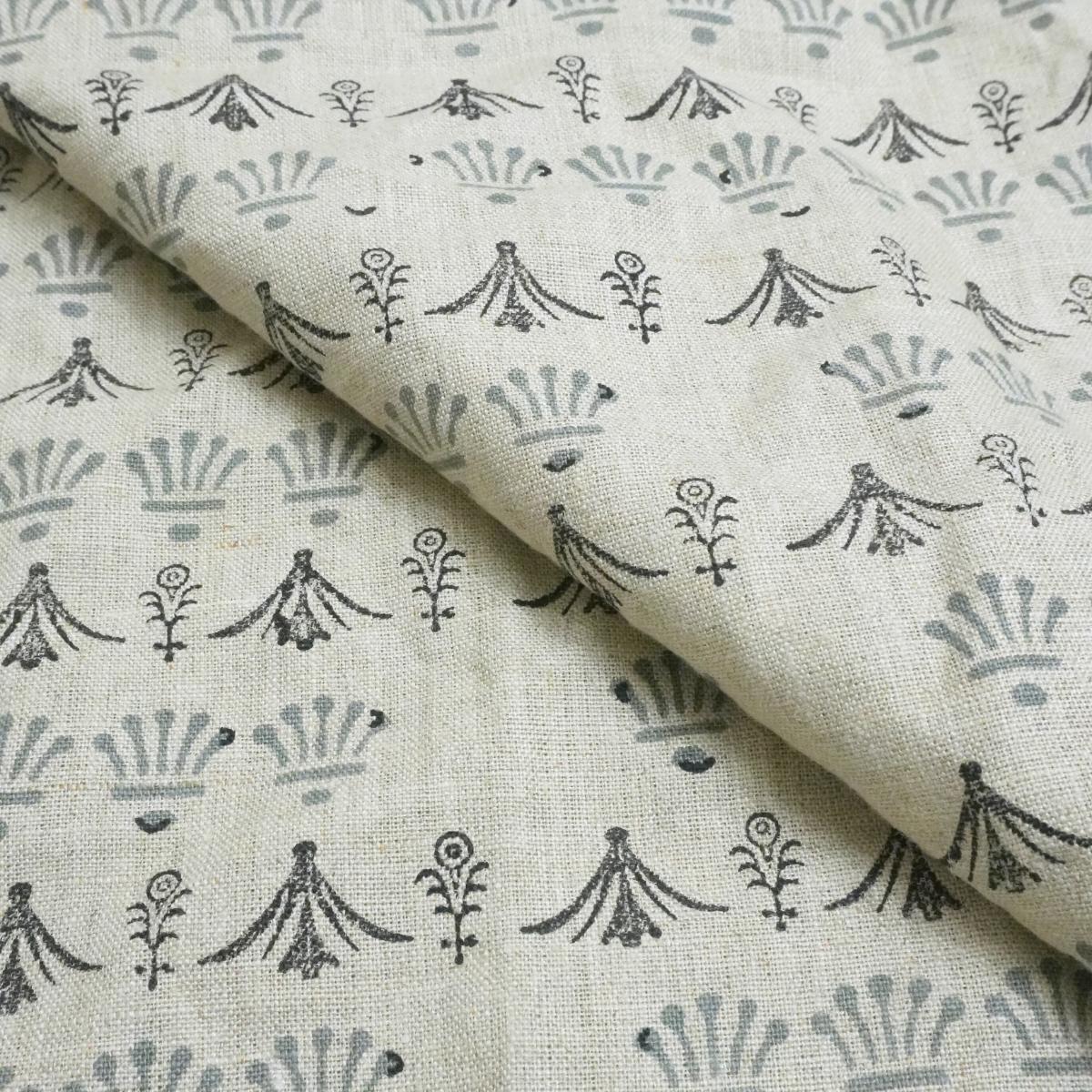 Handcrafted 100% Pure Linen Fabric with Block Print in Gray for Cushions & Windowpanes – Hastakala