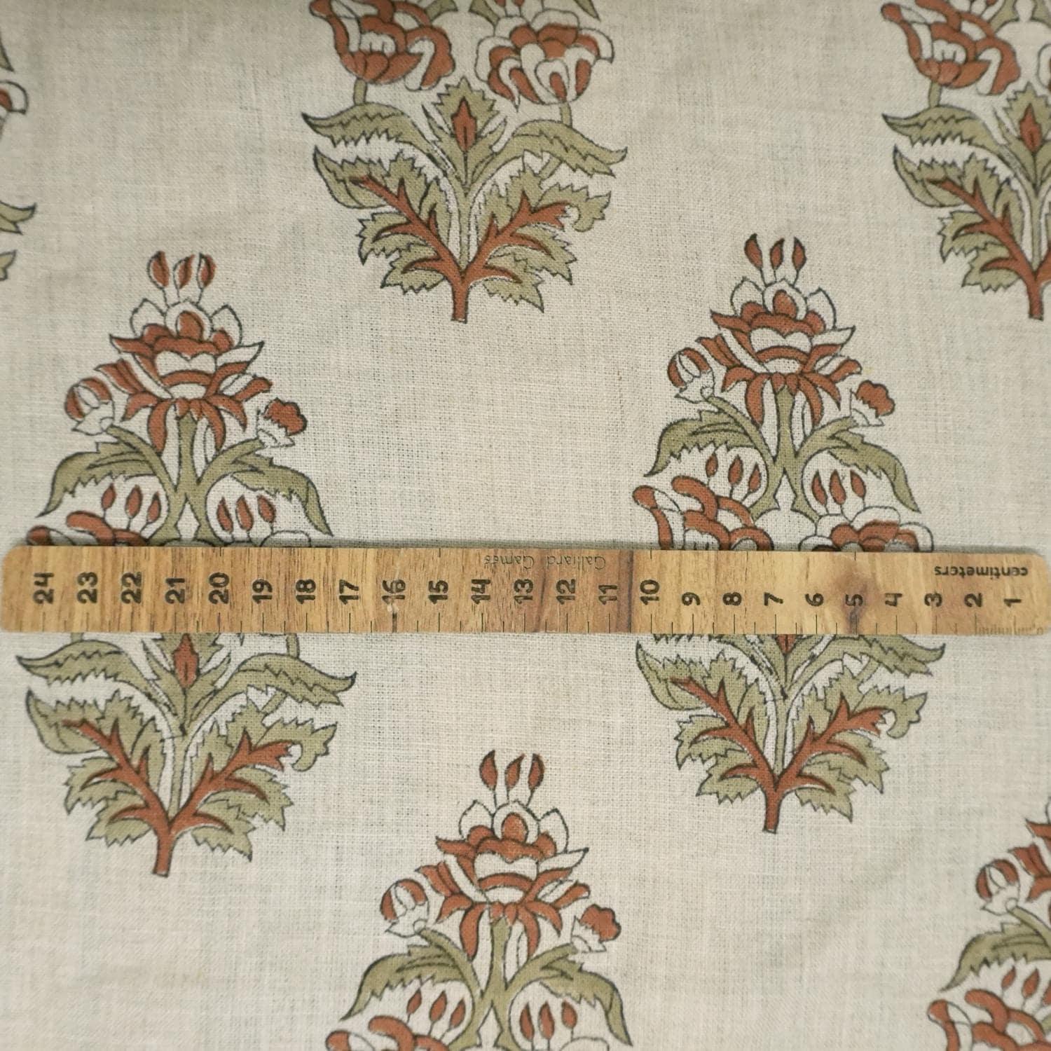 Hand Block Printed 100% Pure Linen Brown & Sage Green Floral Decorative Fabric for Farmhouse Decor - Sikander