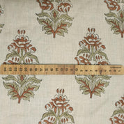 Hand Block Printed 100% Pure Linen Brown & Sage Green Floral Decorative Fabric for Farmhouse Decor - Sikander