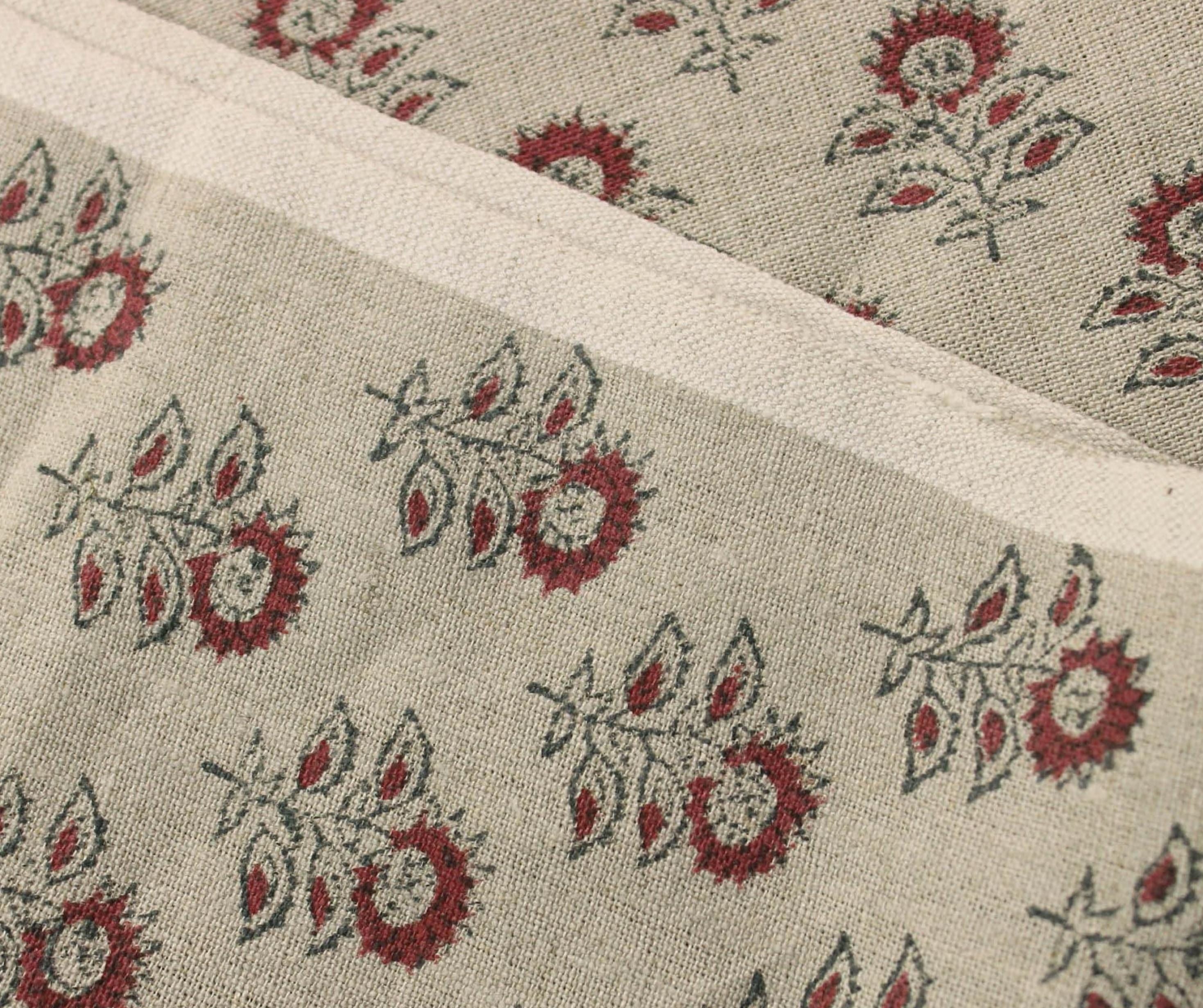 Linen Block Print Fabric 58&quot; Width Heavy Linen Natural Base Color Curtains and Drapes Upholstery Pillow Covers Tablecloths and Runners  by Fabritual