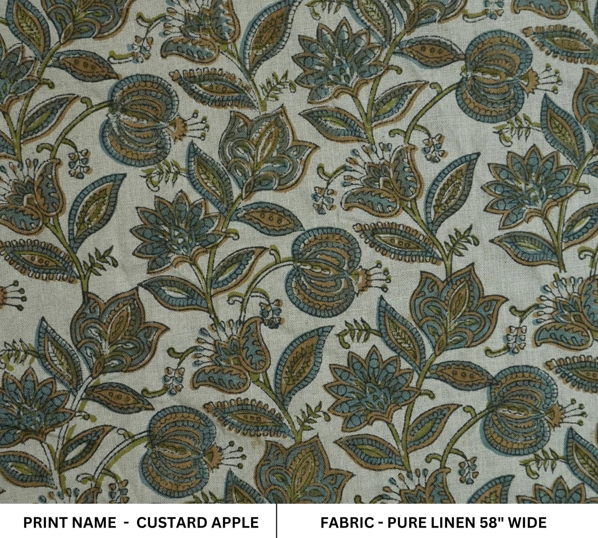 Linen Block Print Fabric 58 Inch Width Medium Weight Linen Natural Base Color Curtains and Drapes Upholstery Handmade Art Pillow Covers Tablecloths and Runners Bedding Tote Bag Napkins by Fabritual