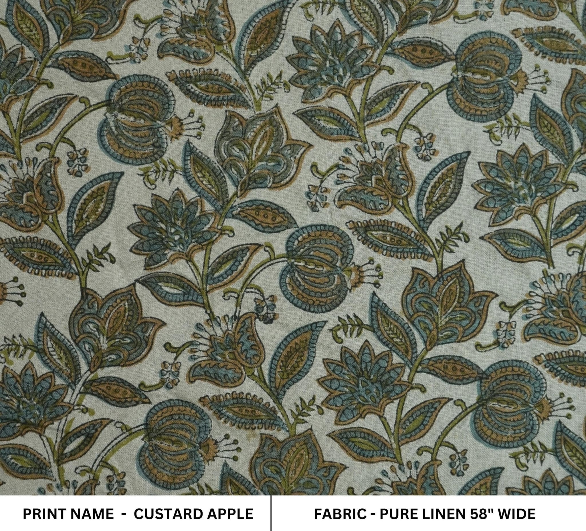 Linen Block Print Fabric 58 Inch Width Medium Weight Linen Natural Base Color Curtains and Drapes Upholstery Handmade Art Pillow Covers Tablecloths and Runners Bedding Tote Bag Napkins by Fabritual