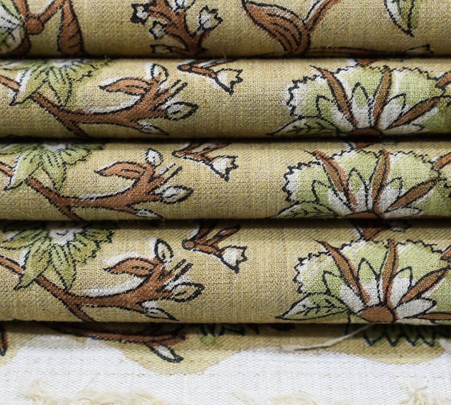 Linen Block Print Fabric Linen Blend 58 Inch Width Light Weight Linen Natural Base Color Curtains and Drapes Upholstery Handmade Art Pillow Covers Tablecloths and Runners Bedding Tote Bag Napkins by Fabritual