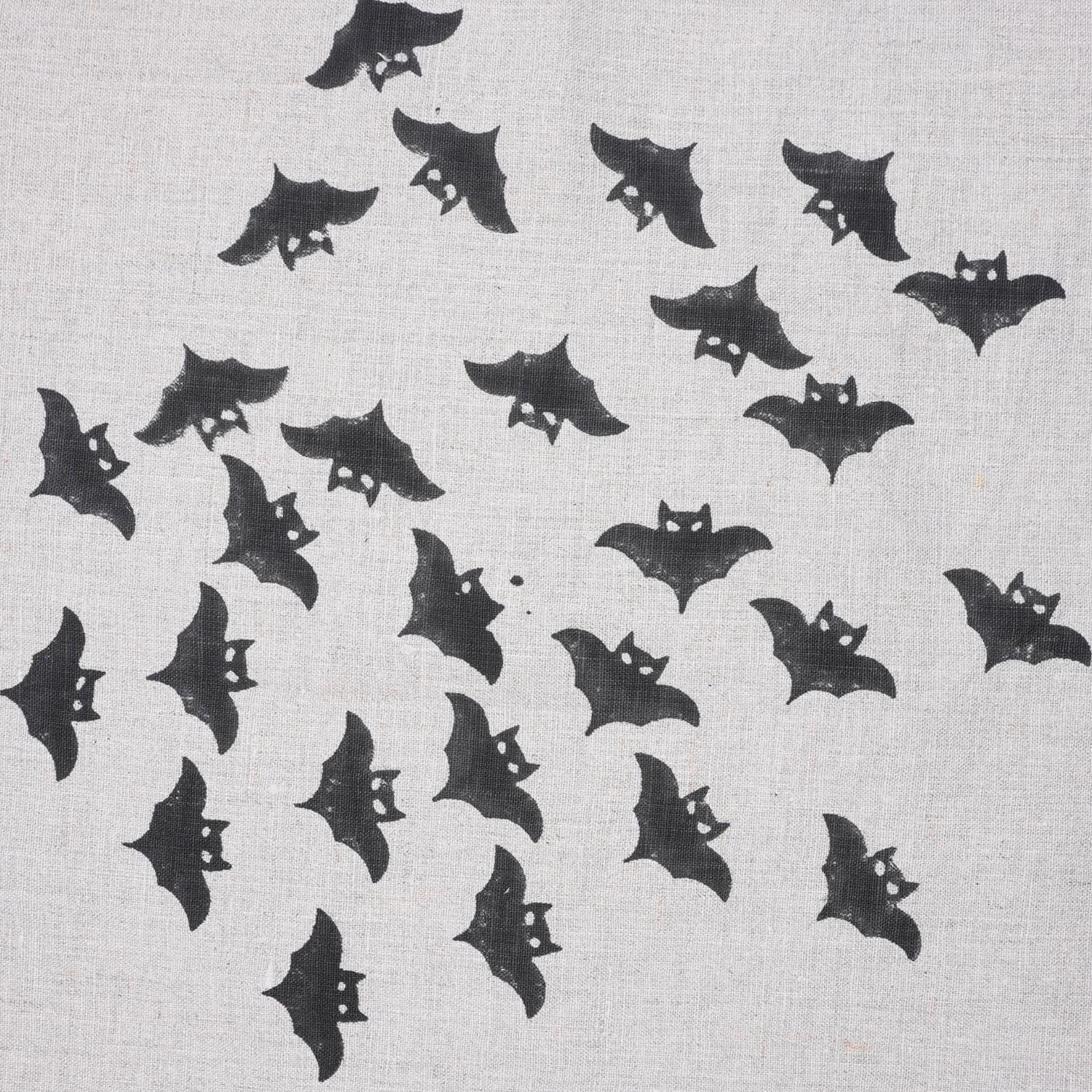 Handmade Art Wooden Block Black Bat Print Pure Linen Table Cover Fabric for Living Room Decor