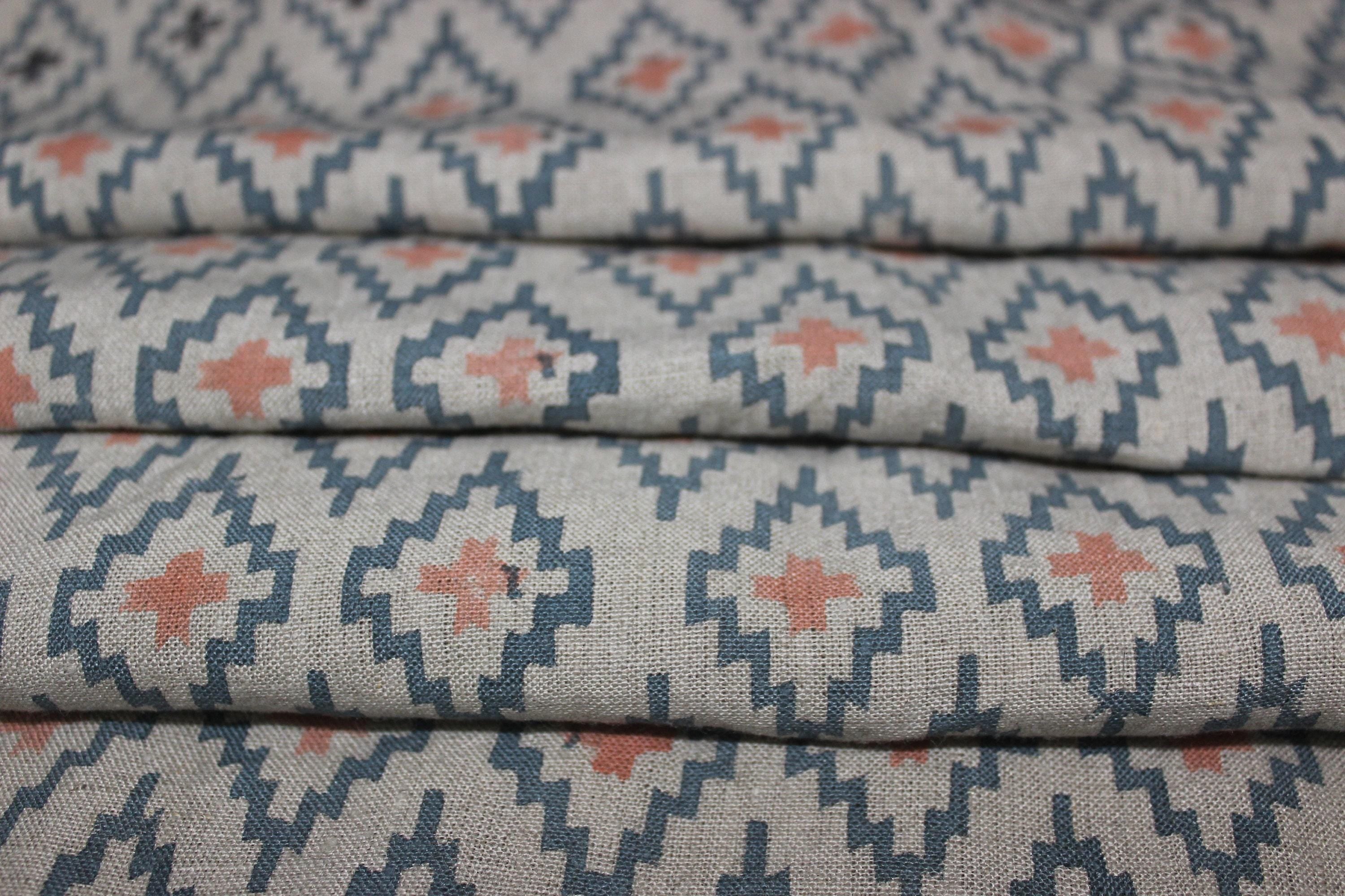 Linen Block Print Fabric 58 Inch Width Heavy Weight Linen Natural Base Color Curtains and Drapes Upholstery Handmade Art Pillow Covers Tablecloths and Runners Bedding Tote Bag Napkins by Fabritual