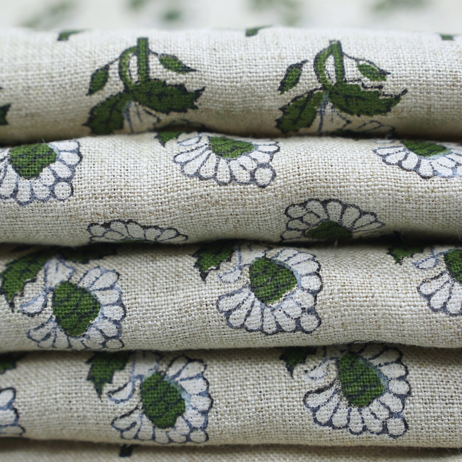 Handblock Printed Artisanal Green Floral Pue Linen Fabric for Home Decor - Ashok