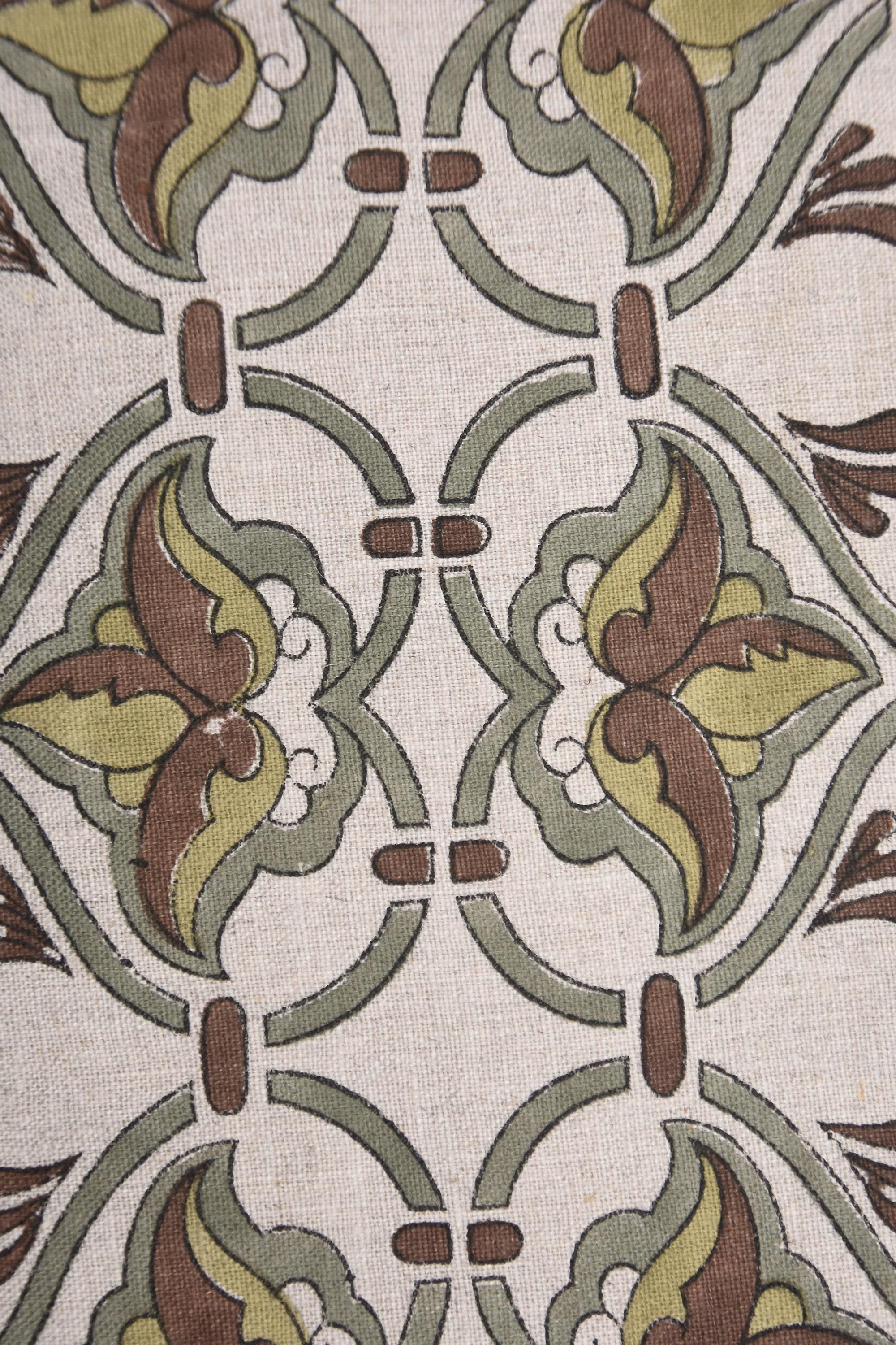 Ethnic block printed cotton for kitchen napkins and cushion covers
Pure linen fabric with handmade floral print for bedding and tablecloths
Block print cotton with Indian motifs for rustic furnishings.