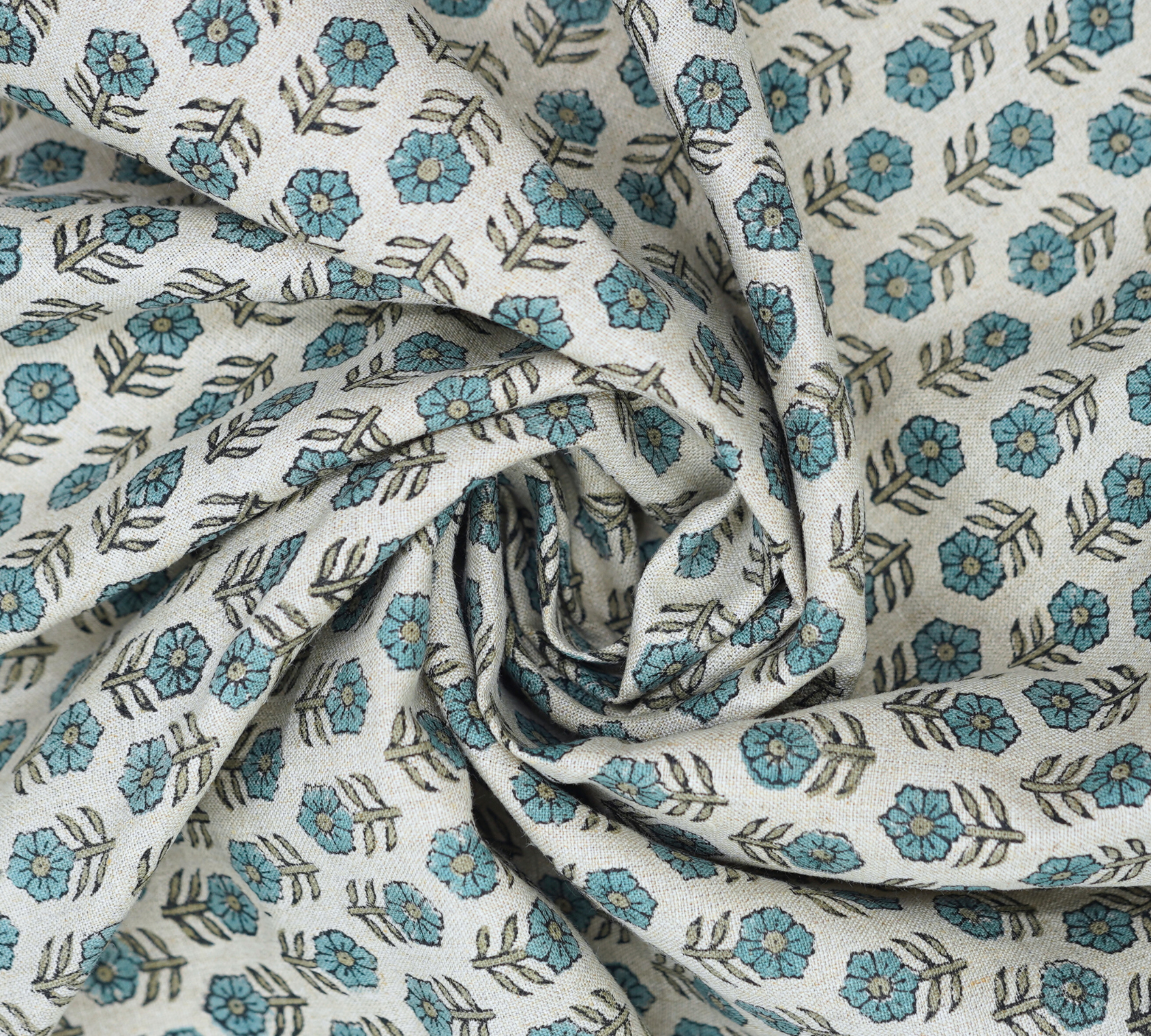 Handmade Boho Blue Floral Pure Linen Fabric Customizable & Eco-Friendly Tulsi Buti Design