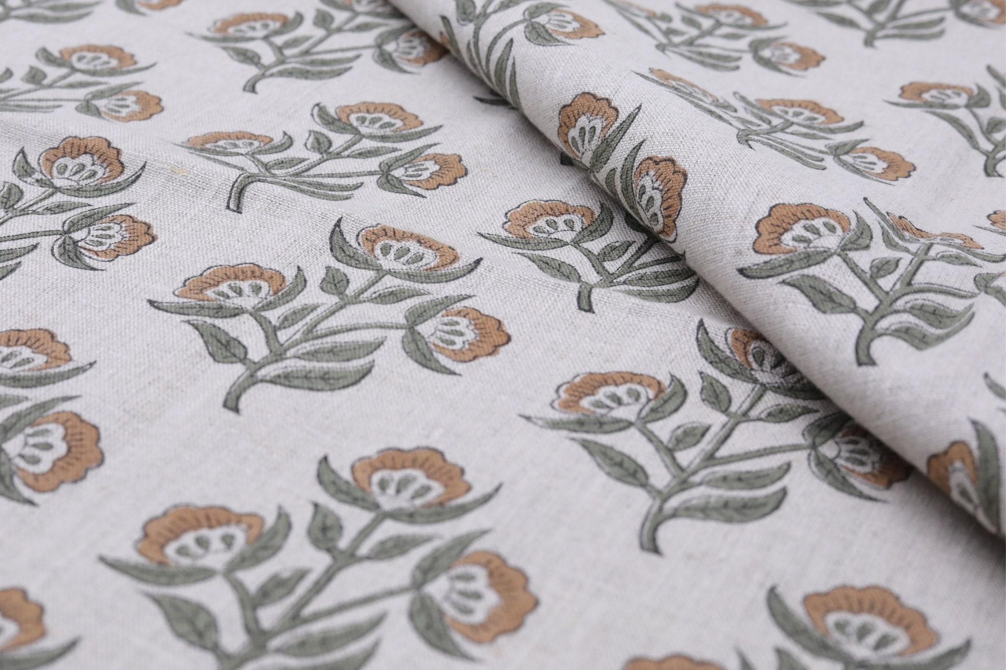 Linen Block Print Fabric 58 Inch Width Medium Weight Linen Natural Base Color Curtains and Drapes Upholstery Handmade Art Pillow Covers Tablecloths and Runners Bedding Tote Bag Napkins by Fabritual