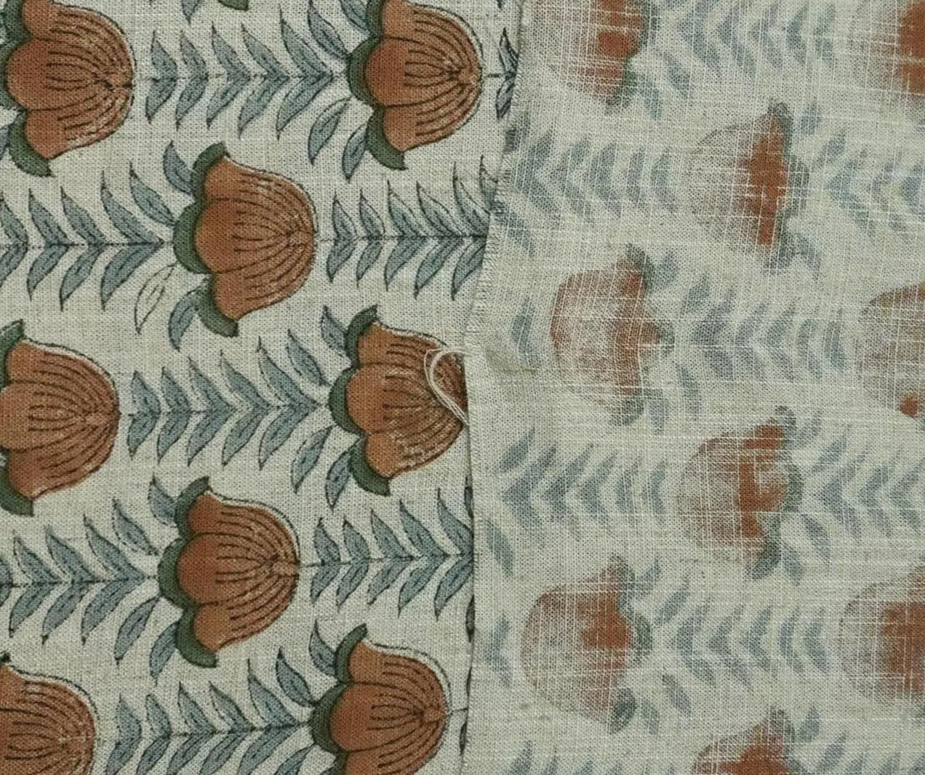 Block Print Fabric 58 Inch Width Light Weight Viscose Linen Natural Base Color and Floral Print Curtains and Drapes Pillow Covers Tablecloths and Runners Bedding Tote Bag Lampshades Napkins by Fabritual