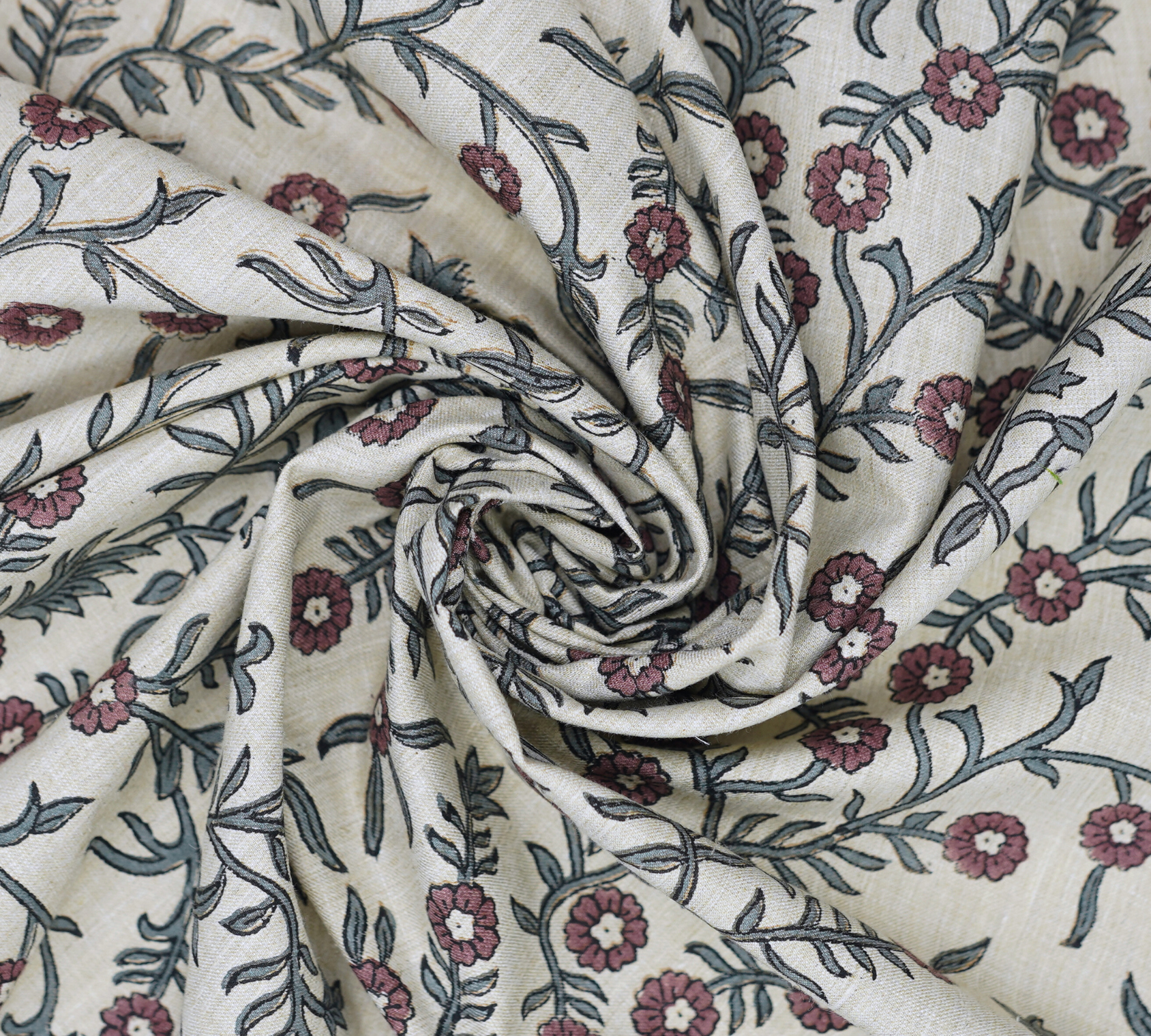 Pink Floral Linen Blend Fabric Hand Block Printed Shehjan Boho Design