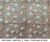 Pastel Brown and Blue Mini Floral Hand Block Printed Premium Pure Linen Fabric for Pillows & Cushions Cover - Amritvela