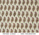 Hand Block Printed Rose and sage Green Floral Cushion Fabric for Living Room on Pure Linen - Lil Paisley