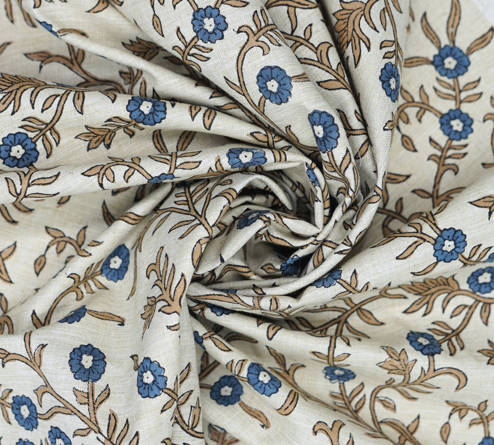 Handblock Printed Blue Floral Fabric Shehjan Design on Soft Linen Blend
