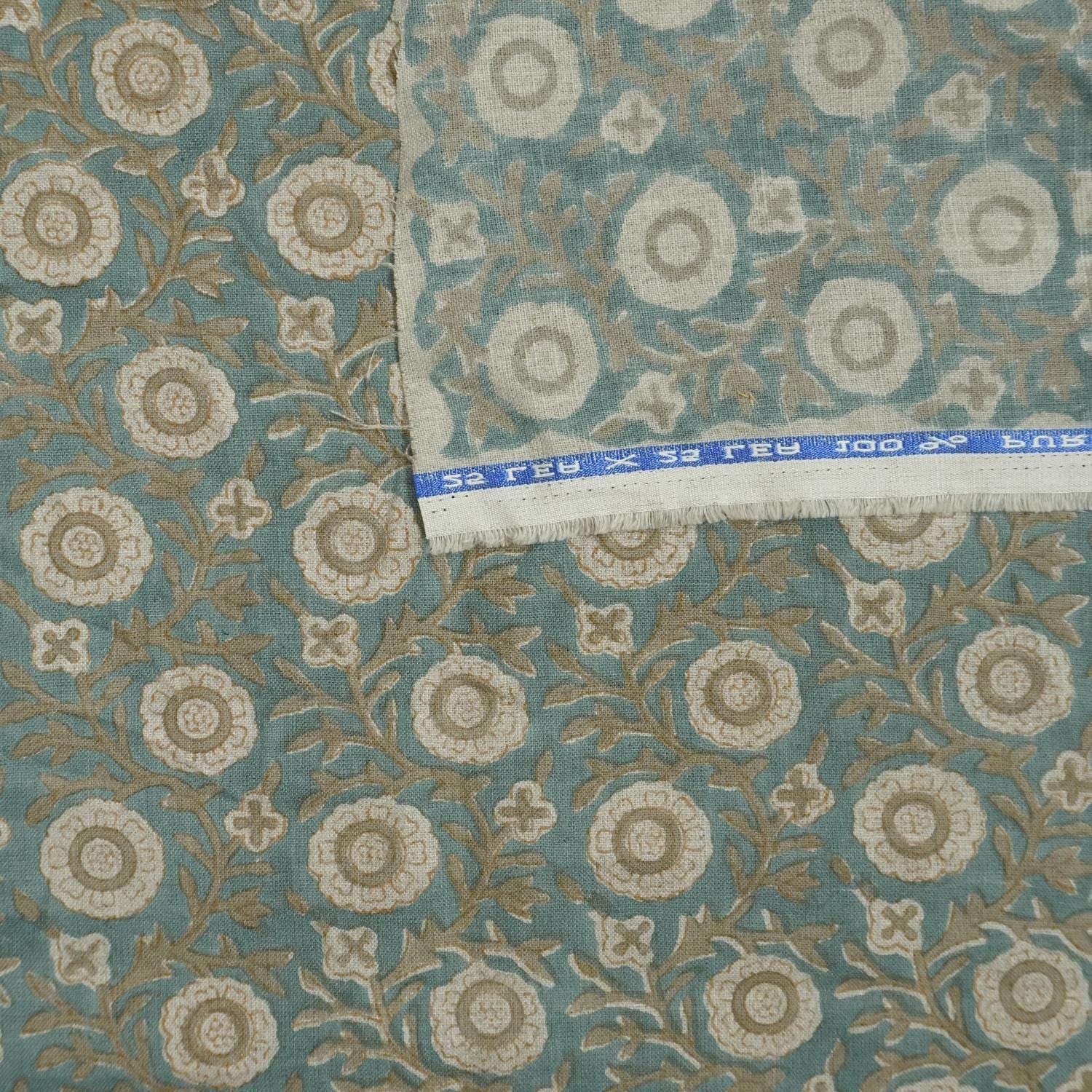 Linen Block Print Fabric 58 Inch Width Medium Weight Linen Natural Base Color Curtains and Drapes Handmade Art Pillow Covers Tablecloths and Runners Bedding Tote Bag Lampshades Napkins by Fabritual