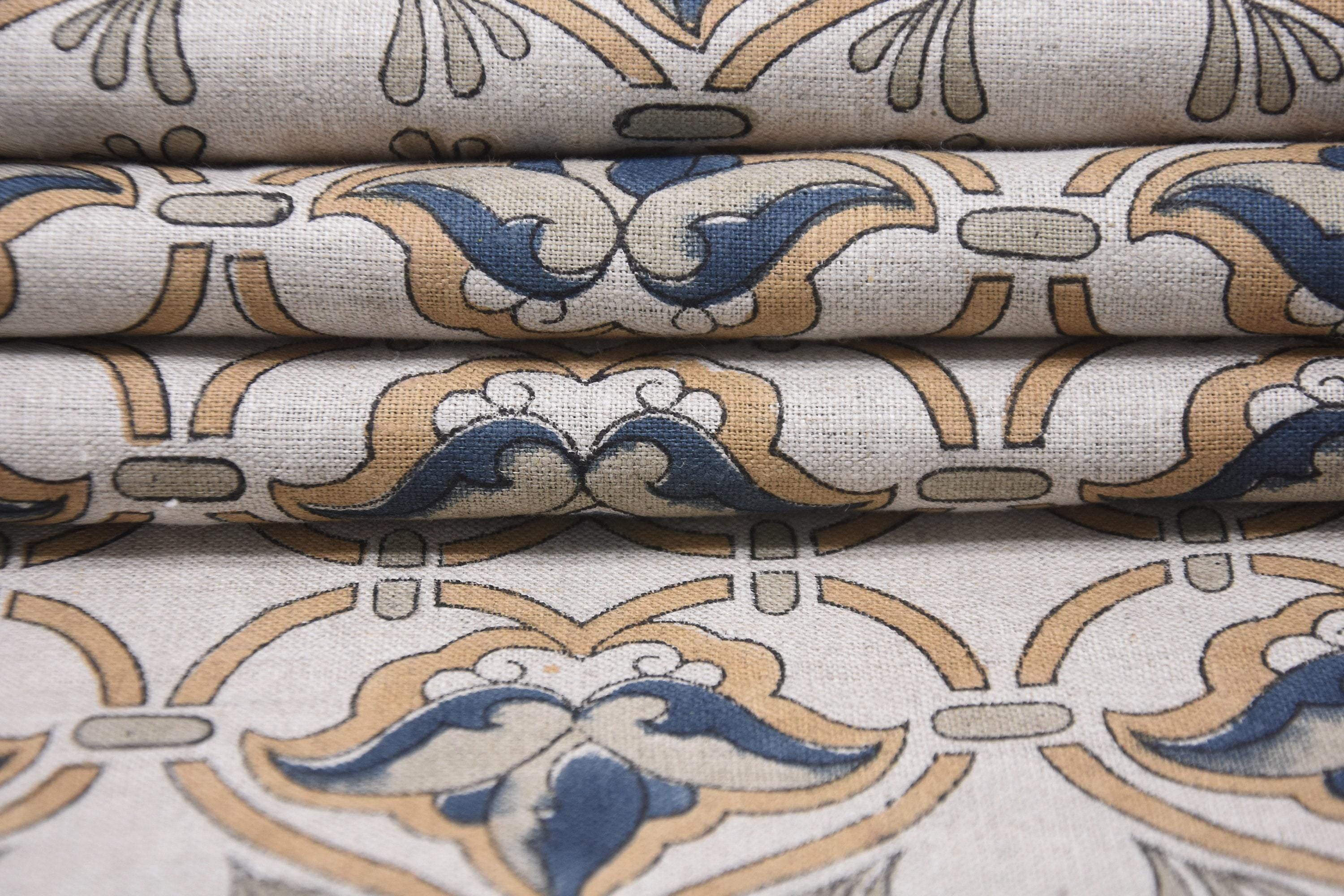 Linen Block Print Fabric 58 Inch Width Medium Weight Linen Natural Base Color Curtains and Drapes Upholstery Handmade Art Pillow Covers Tablecloths and Runners Lampshades Napkins by Fabritual