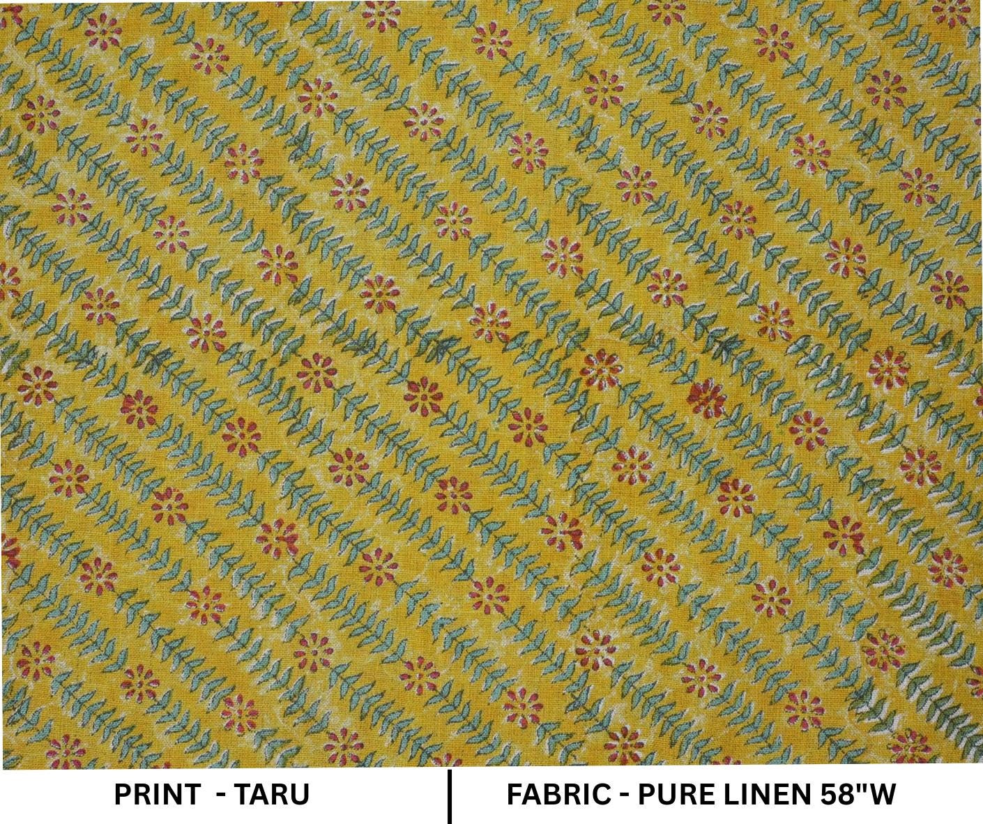 Handmade Boho Brown and Blue Floral Pure Linen Textiles Fabric for Farmhouse Decor with Taru Design