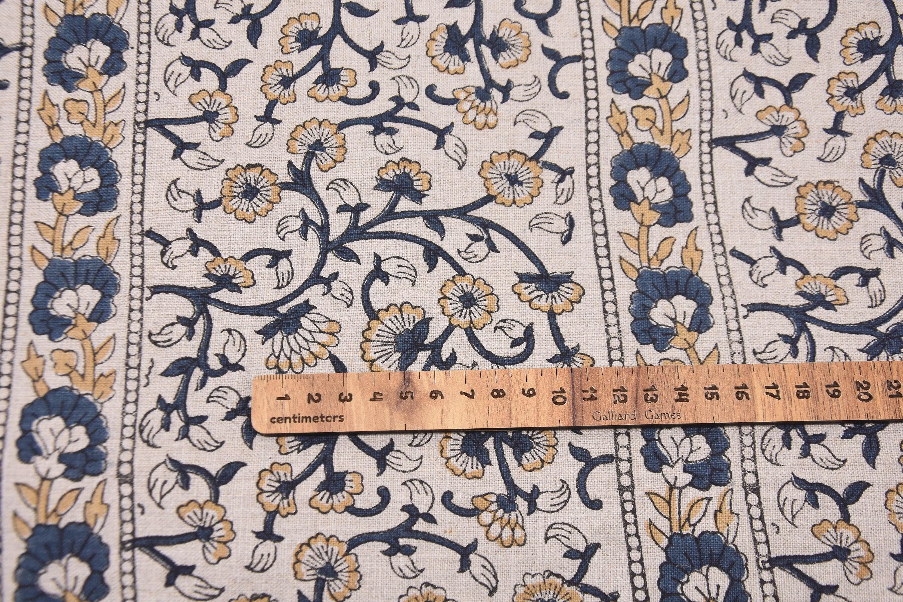 Linen Block Print Fabric 58&quot; Width Medium Weight Linen Natural Base Color Curtains and Drapes Upholstery Pillow Covers Tablecloths and Runners Bedding Tote Bag Lampshades by Fabritual