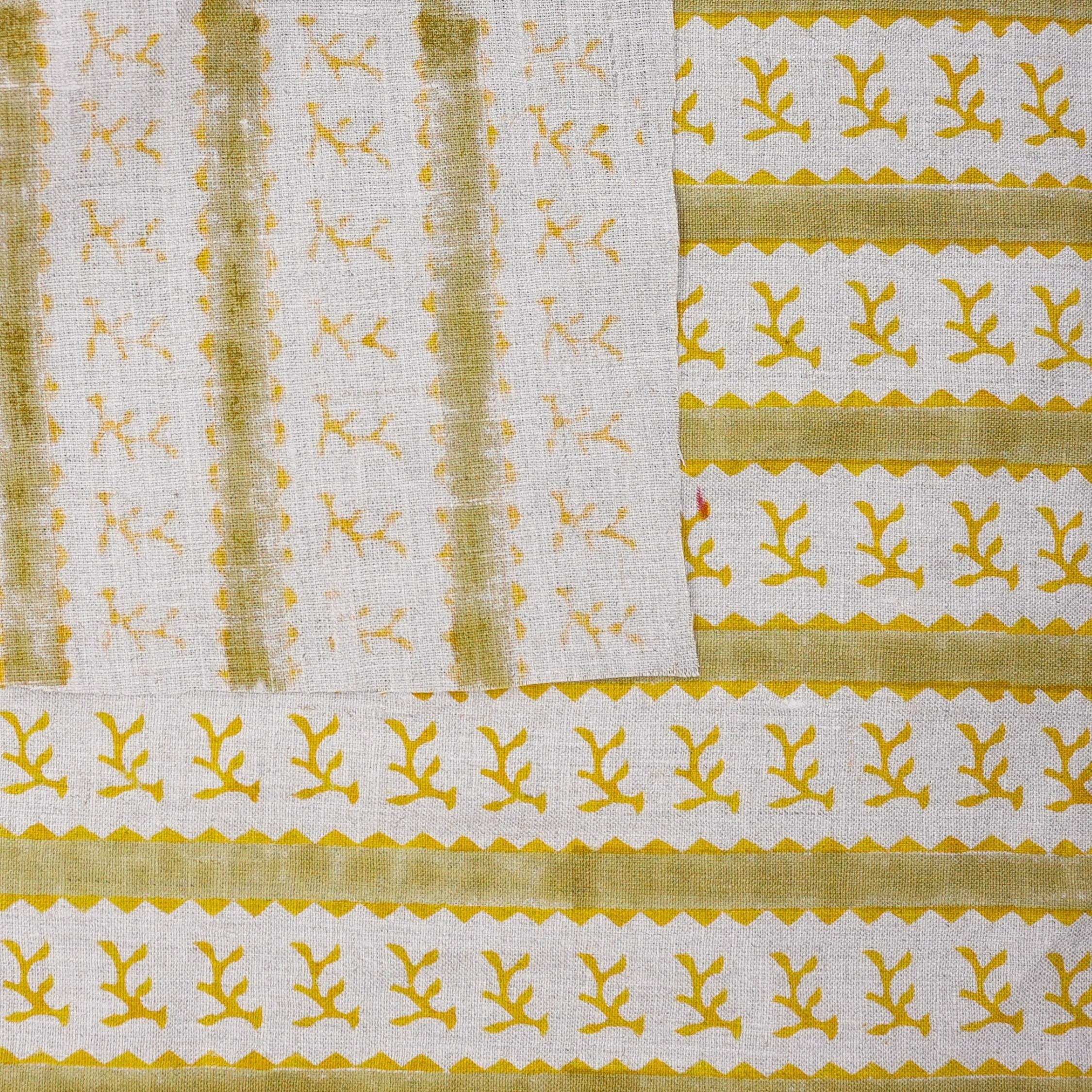 Hand Block Printed Decorative Mustard and Green Floral Pure Linen Fabric for Upholstery - Phool Dali