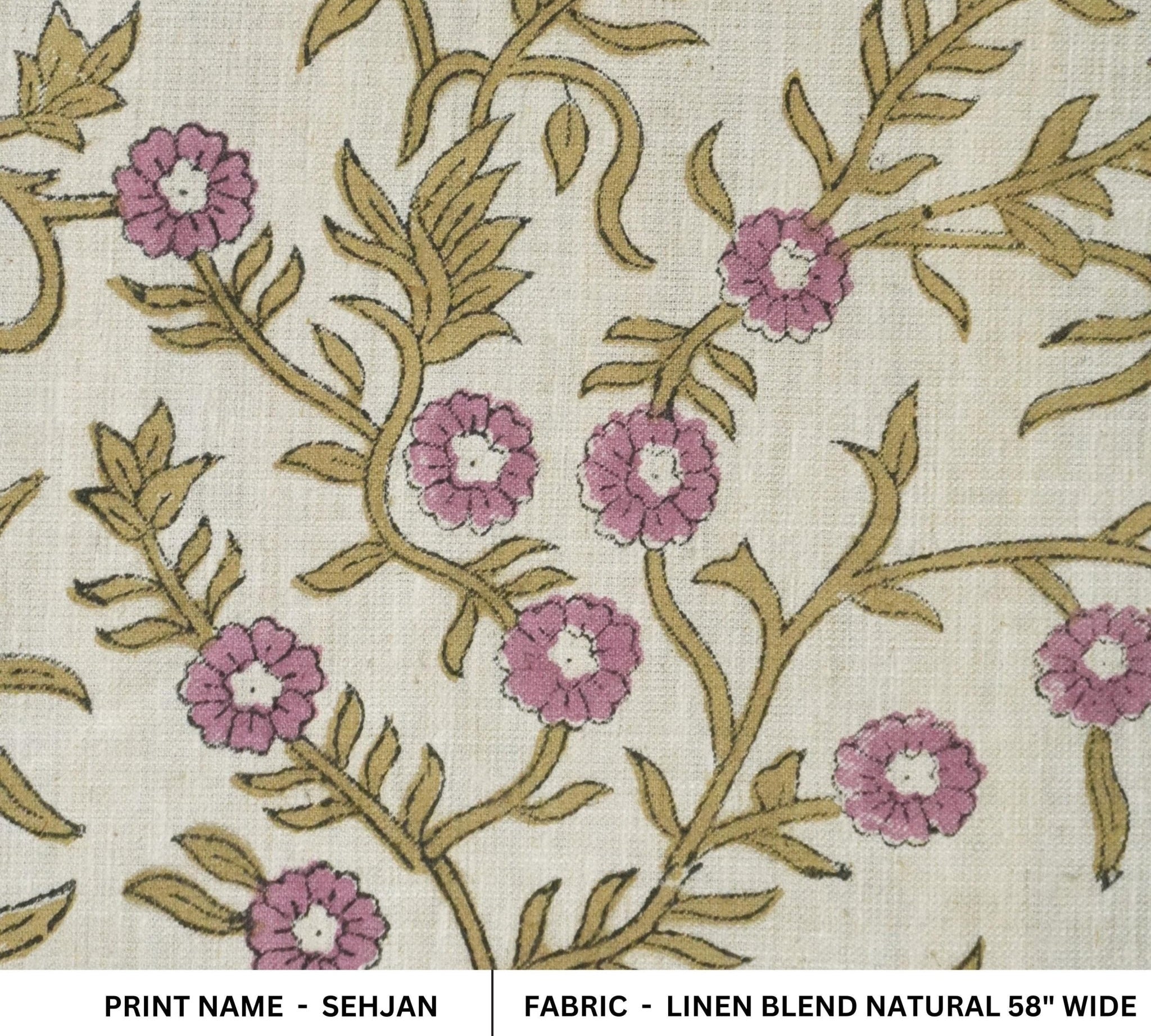 Close-up of floral embroidery pattern on linen blend fabric.