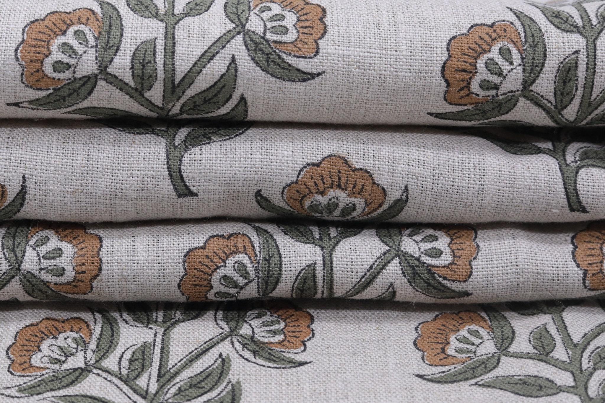 Linen Block Print Fabric 58 Inch Width Medium Weight Linen Natural Base Color Curtains and Drapes Upholstery Handmade Art Pillow Covers Tablecloths and Runners Lampshades Napkins by Fabritual